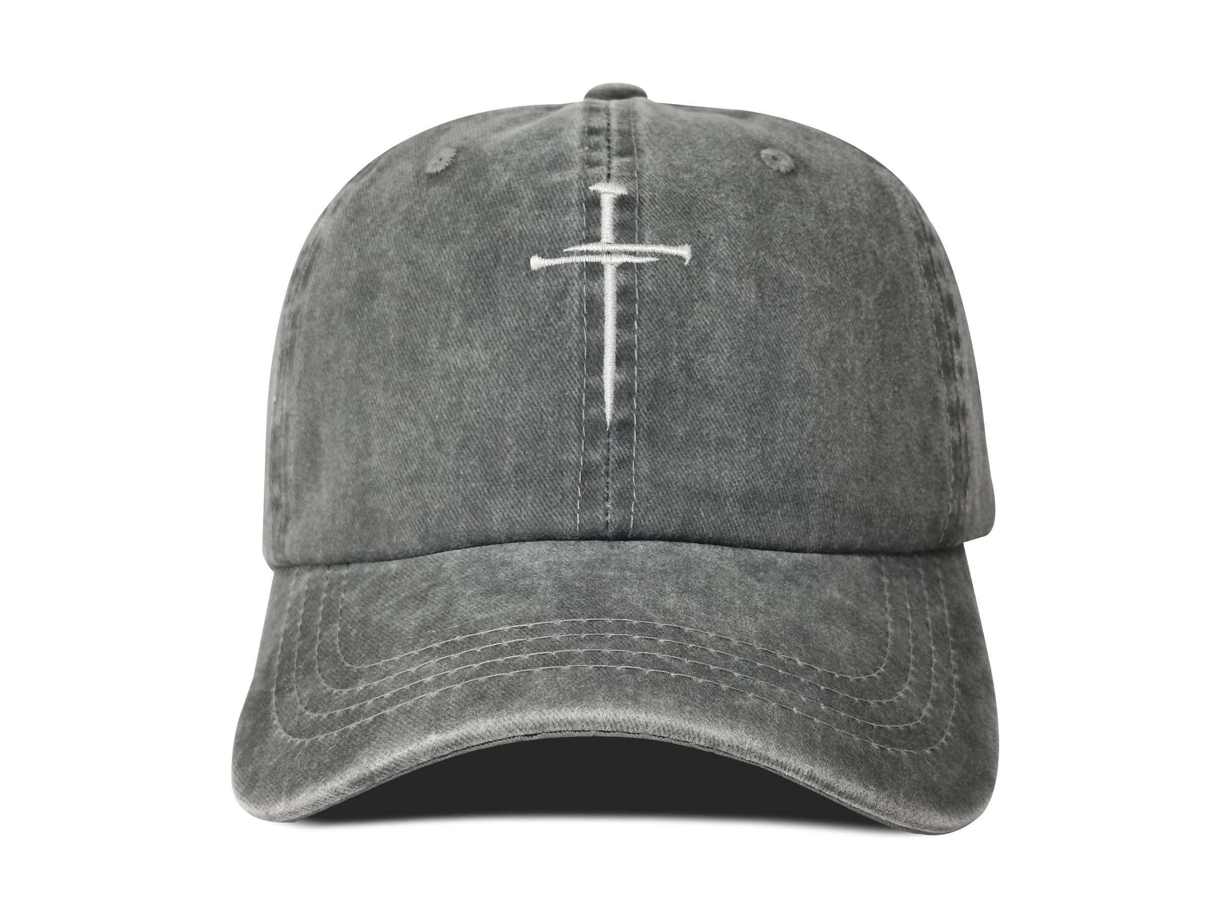 Hepandy Embroidered Three 3 Nails Cross Hat for Men, Christian Gifts for Women, Washed Gray Christ Jesus Hats Cotton Baseball Cap