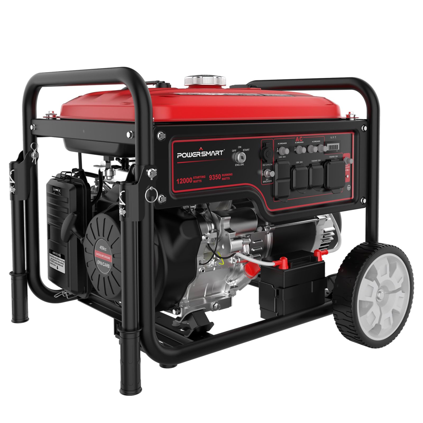 PowerSmart 459CC Gas Powered Outdoor Generator, 12000 Peak Watt for Home Use, Electric Start generator for Camping with Electric Start, Transfer Switch Ready 20A & 30A & 50A Outlets