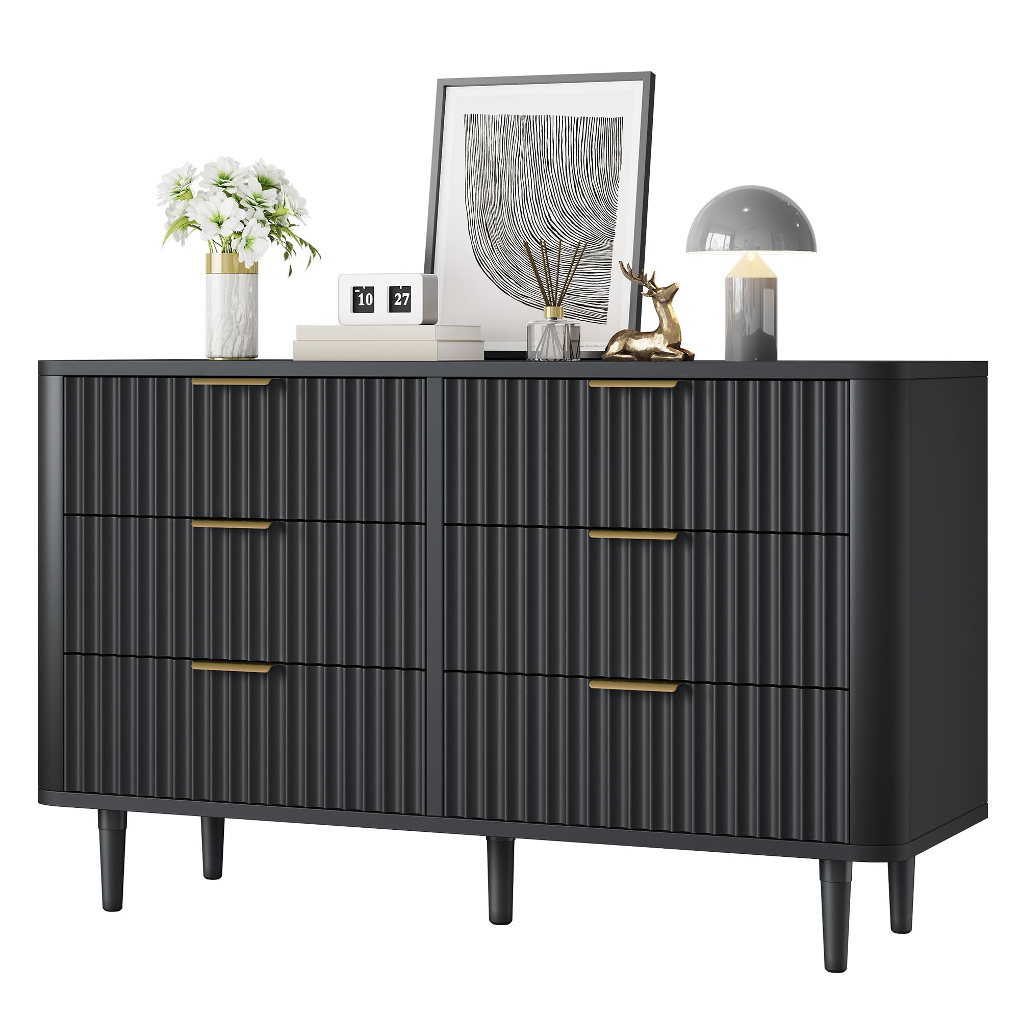 DWVO 6 Drawer Dresser with Fluted Panel, 47.2" Wide Modern Closet Dressers Chest of Drawers, Wood Storage Dresser Organizer for Bedroom, Dorms, Flats, Living Rooms, Hallways, Black