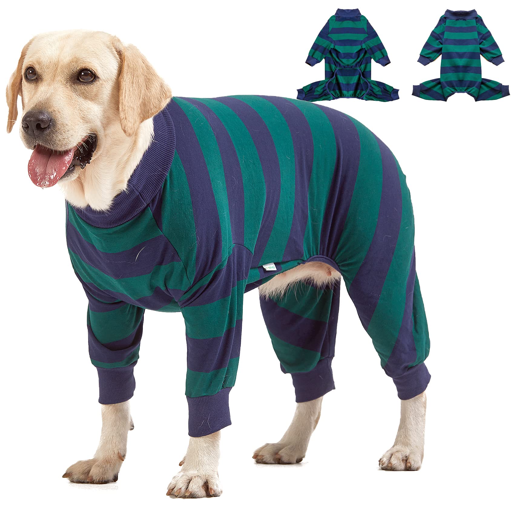 LovinPet Large Dog Pajamas Bodysuit, Lightweight Stretchy Knit Pullover Dog Onesie, Pet Pajamas for Dogs, Green and Black Stripe Print Dog Shirt, UV Protection, Stop Shedding for Dogs, Pet PJ's, L