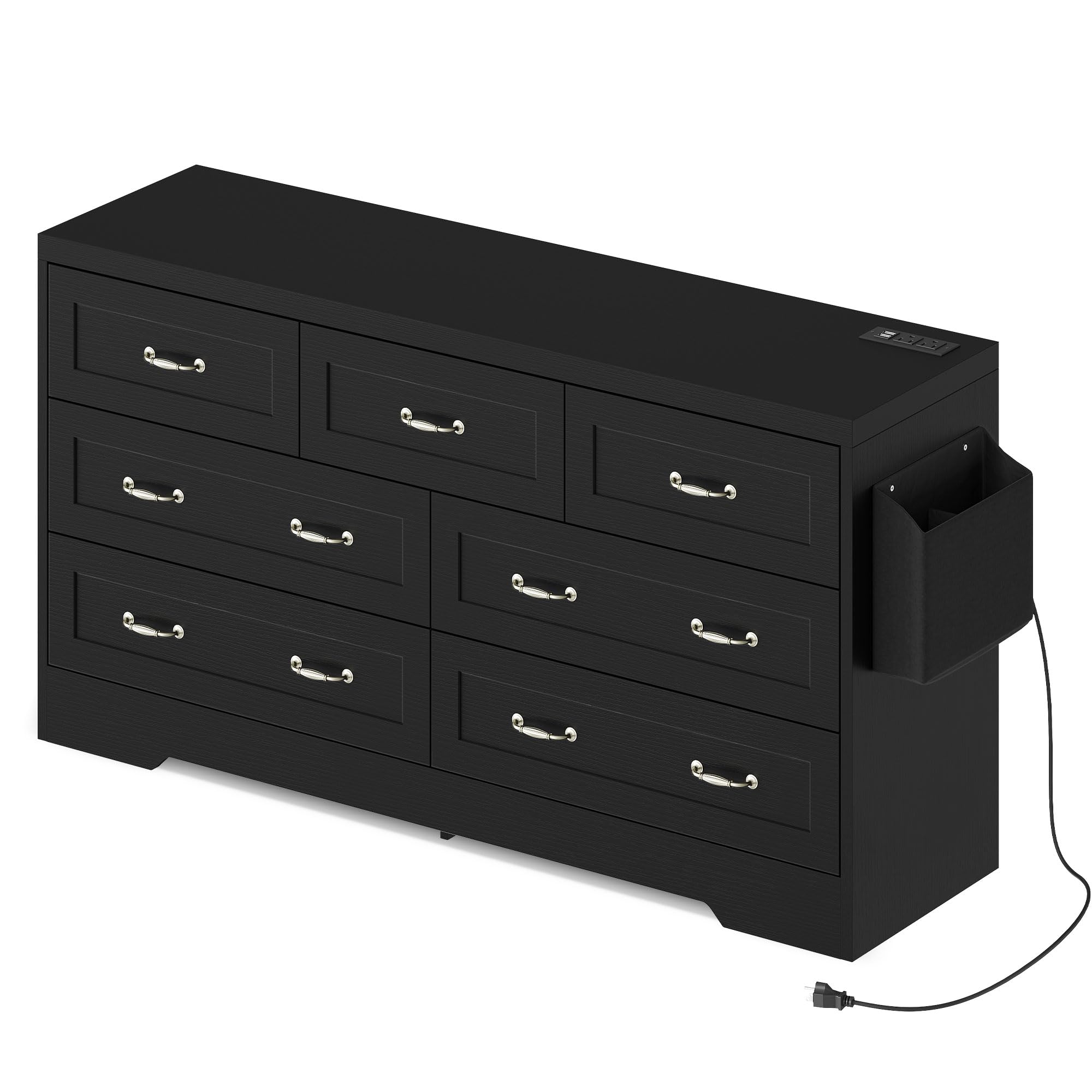 DWVO Large Buffet Sideboard Cabinet with 7 Drawers Power Outlets, Dressers Buffet Table Coffee Bar Wine Bar Storage Cabinet with Side Bags for Dining Room, Living Room (Black)