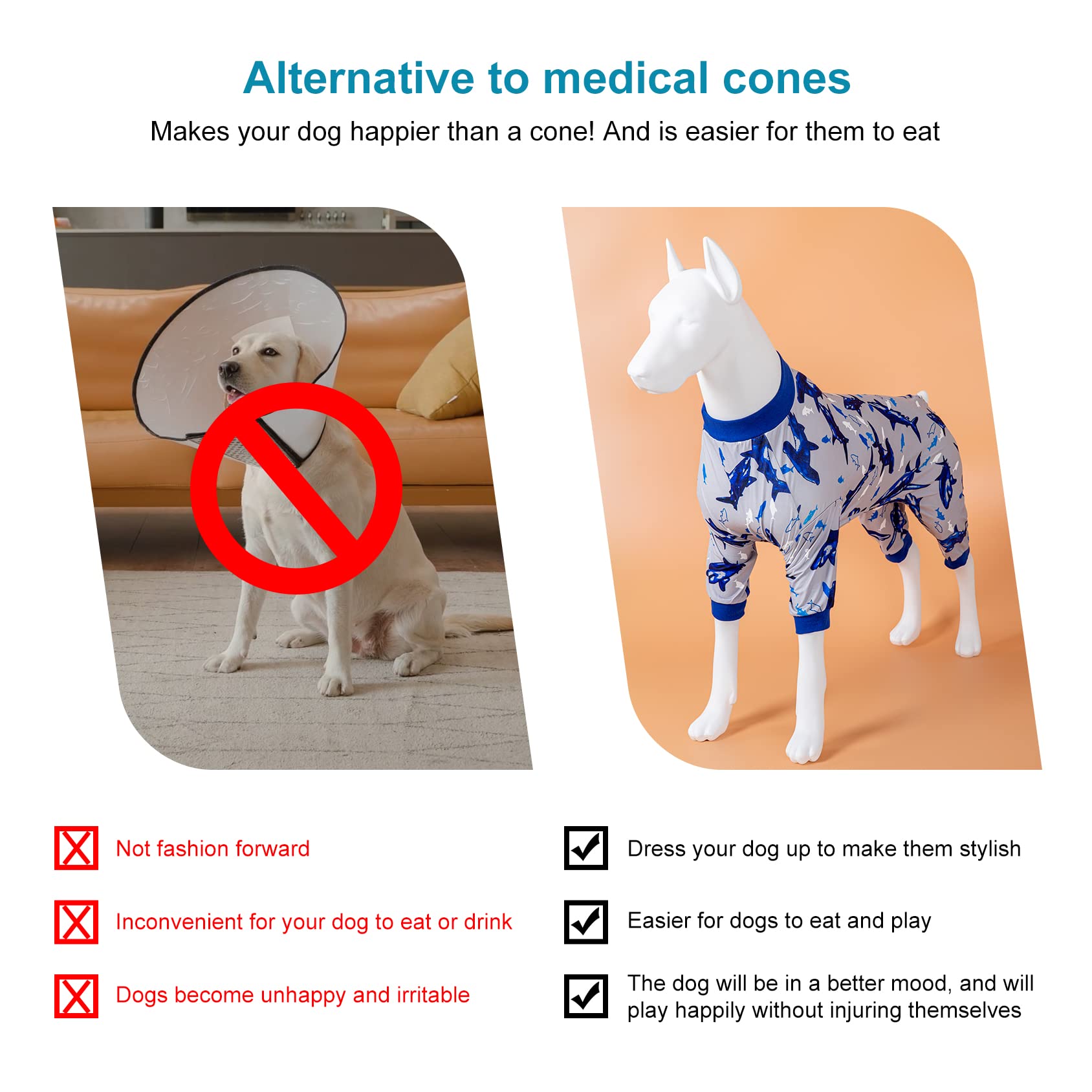 LovinPet Lovinpet Big Dog Pajamas, Pajamas for Large Dogs, Lightweight Fabric, Fintastic Blue Print, UV Protection, Pitbull Clothes, Easy Wearing Adorable Dog Clothes, Pitbull Onesie, Blue Shark 3XL
