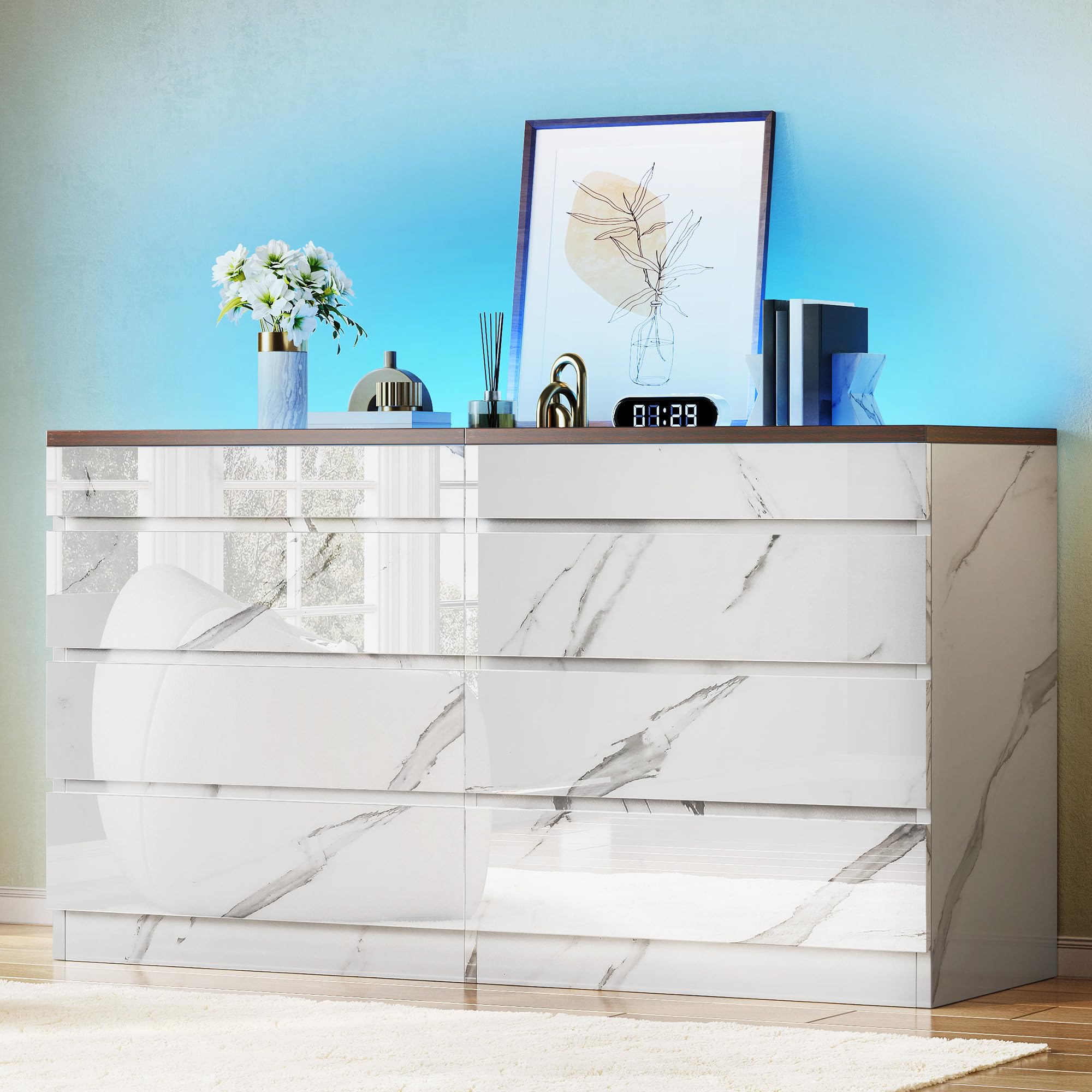 DWVO 8 Drawer Dresser with LED Light,White Marble Dresser, Modern 8 Chest of Drawers with Deep Drawers Glass Top High Gloss Surface, Storage Organizer Cabinet for Living Room, Bedroom