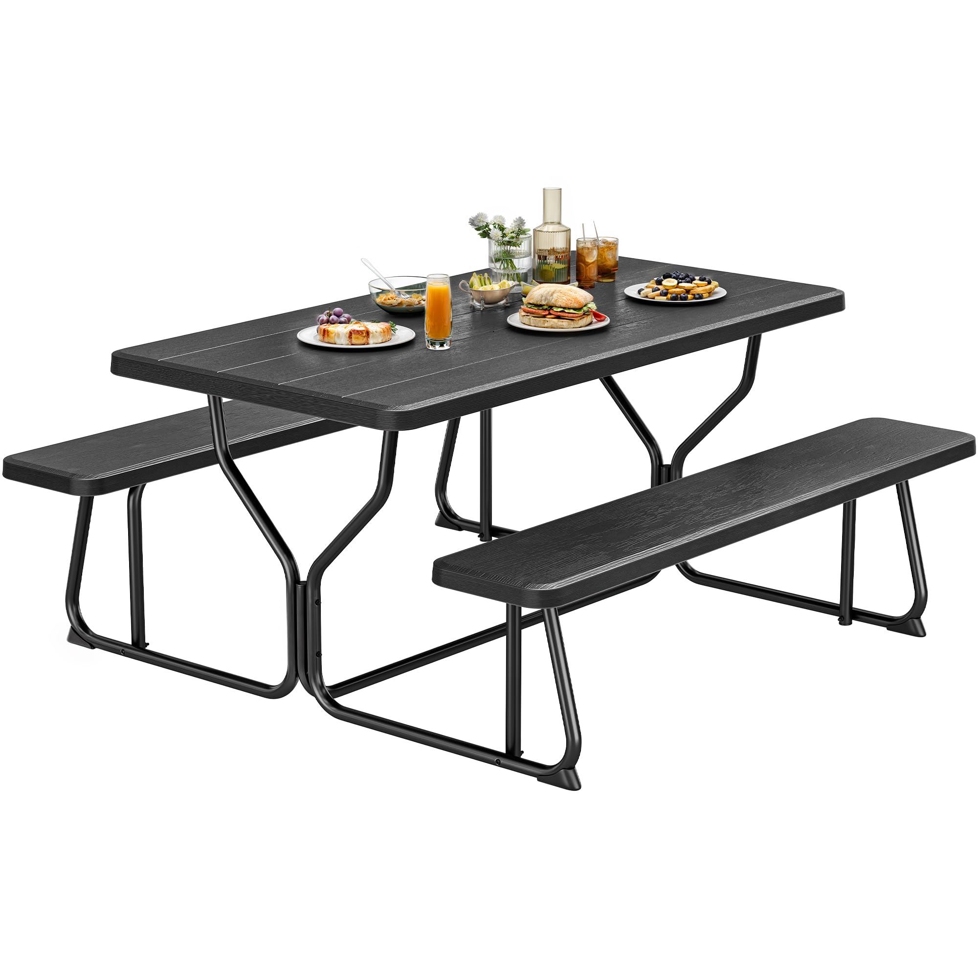 YITAHOME Picnic Table Heavy Duty Outdoor Picnic Table and Bench with Weather Resistant Resin Tabletop & Stable Steel Frame for Yard Patio Lawn Party Black