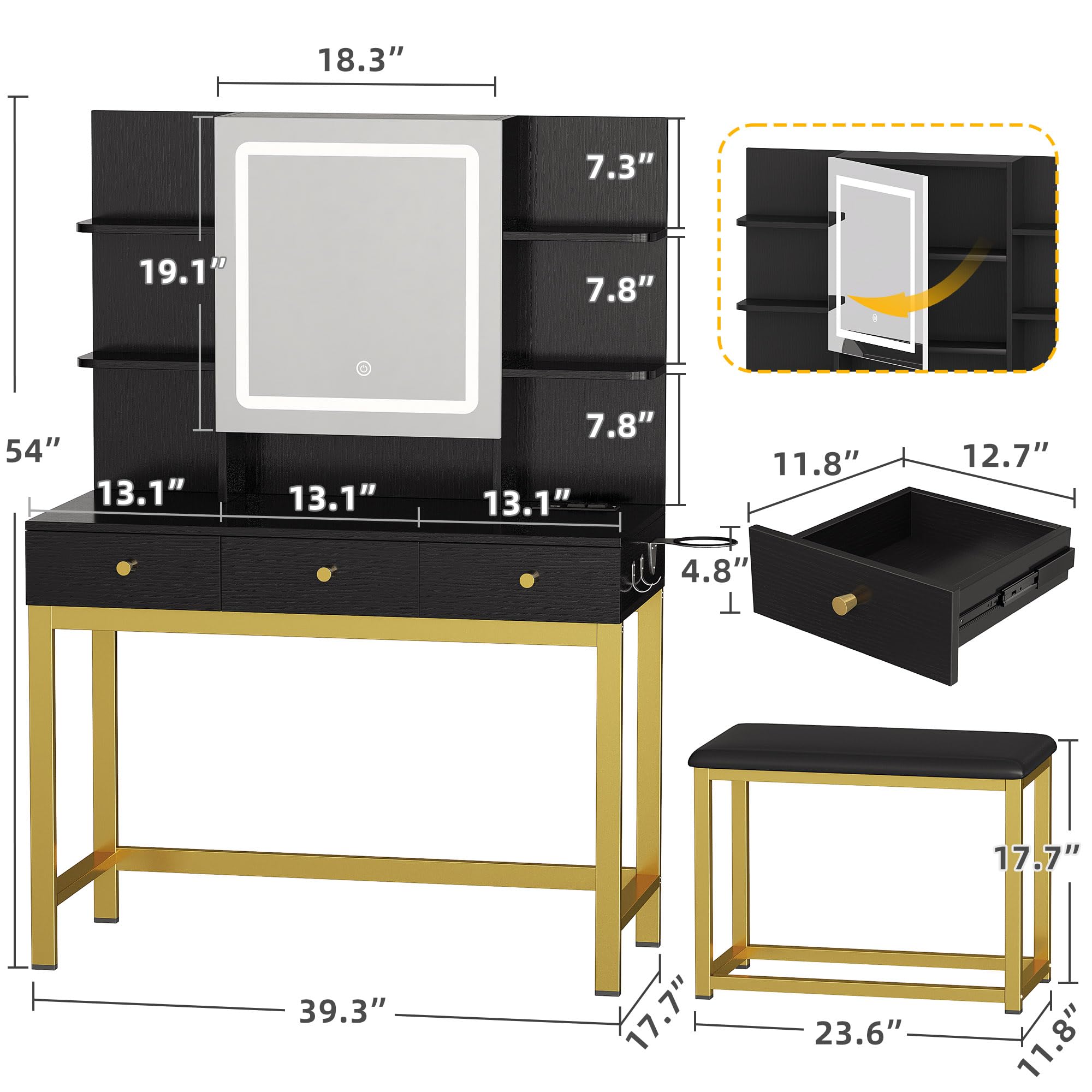 DWVO Vanity Desk with LED Lights Mirror & Power Outlet, Adjustable 3 Lights Modes, Makeup Table with Stool and Hidden Storage Shelves, 3 Drawers, Dressing Table Set with Chair, Upgraded, Black