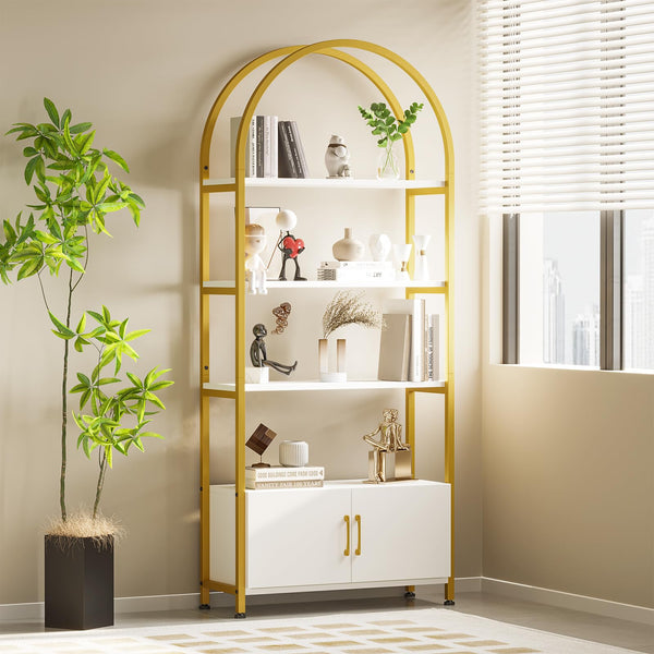 GarveeHome Gold Bookshelf, Arched Book Shelf with Studry Metal Frame and Quality Board, Modern Bookcase with 4-Tier Open Shelves for Living Room, Bookshelf with Doors Storage,71.5