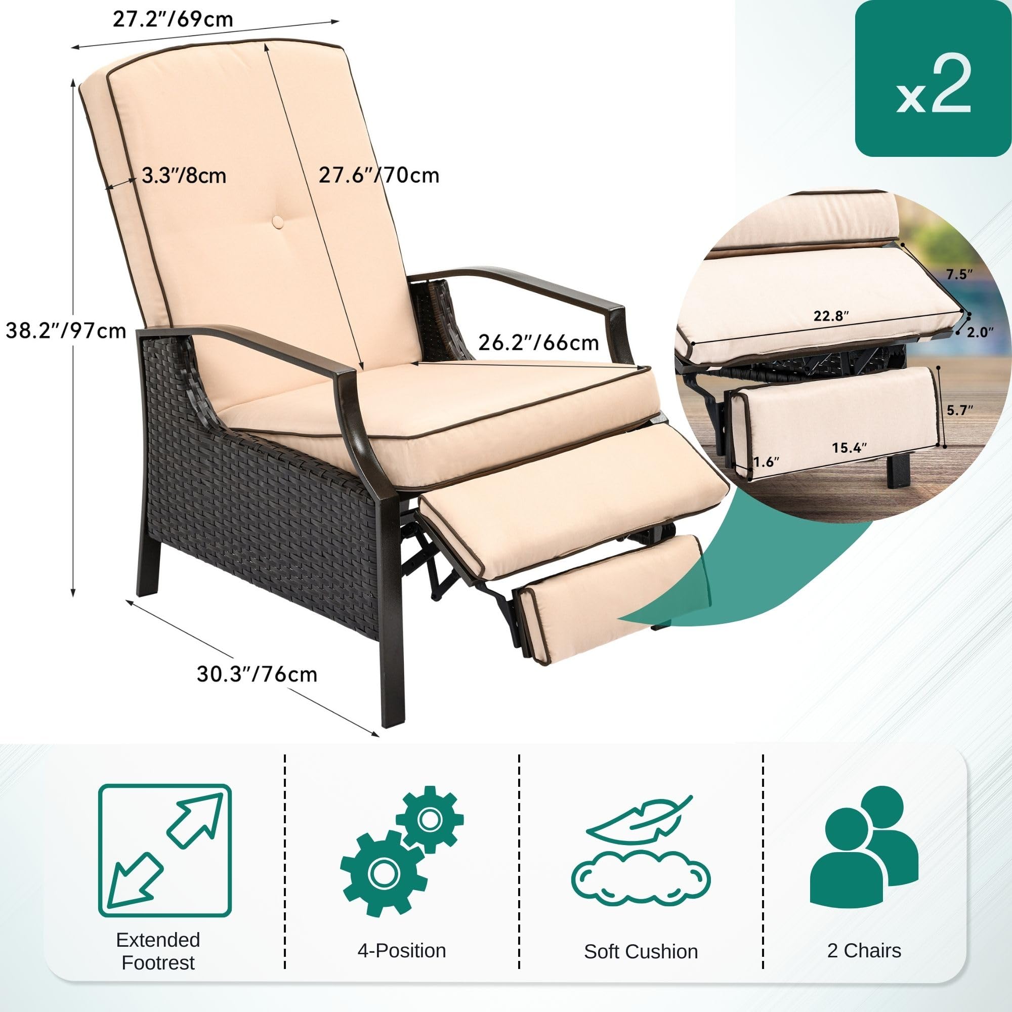 YITAHOME Outdoor Recliner Chair, 2-Piece Patio Adjustable Wicker Reclining Lounge Chairs, Dual-use Rattan Furniture Set with Soft Thick Cushions, Extended Footrest, Flip Back, Brown & Beige