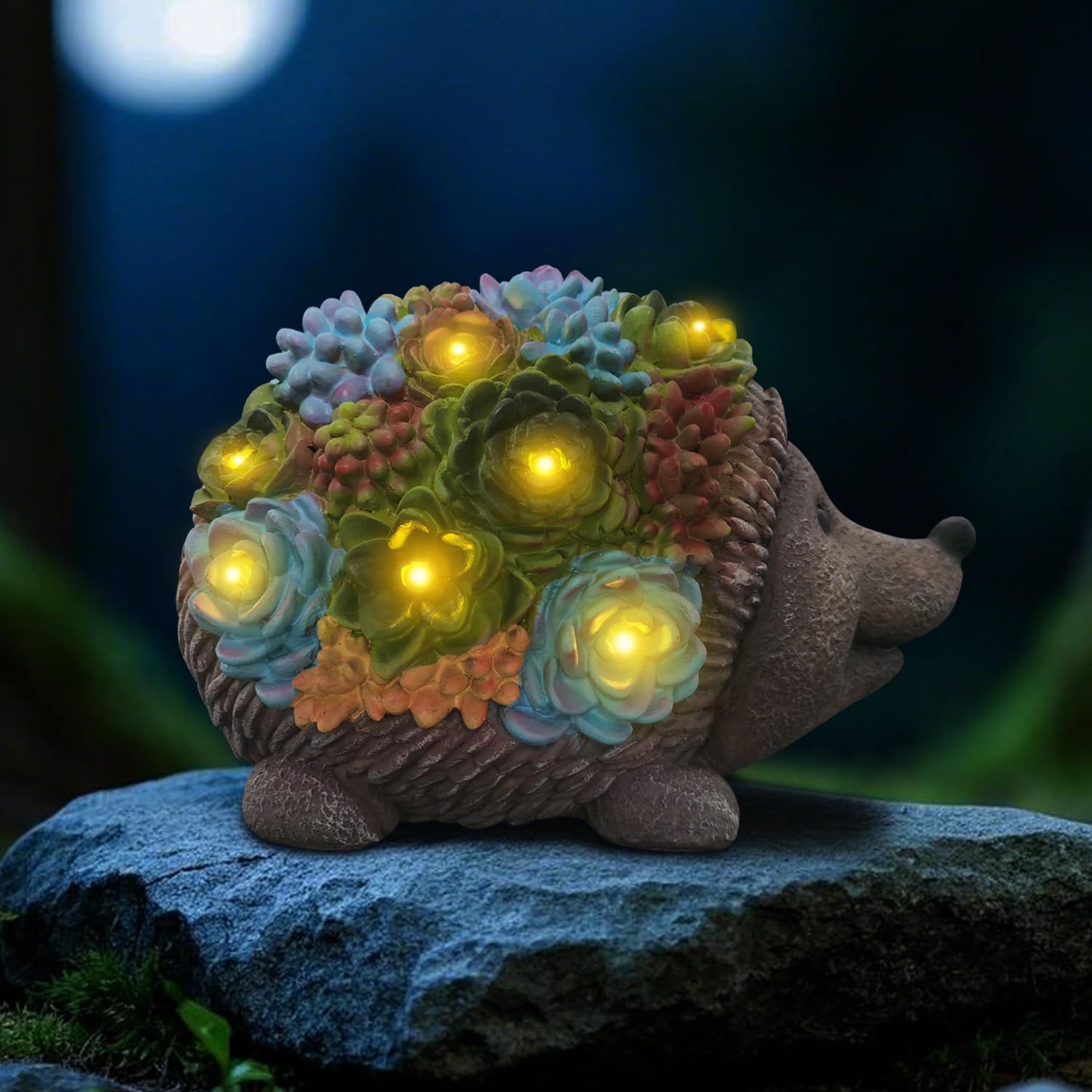 AXEN Solar Garden Outdoor Statues Hedgehogs with Succulent and 7 LED Lights, Outdoor Decorations for Garden Patio Lawn Balcony Yard, Unique Housewarming Gifts