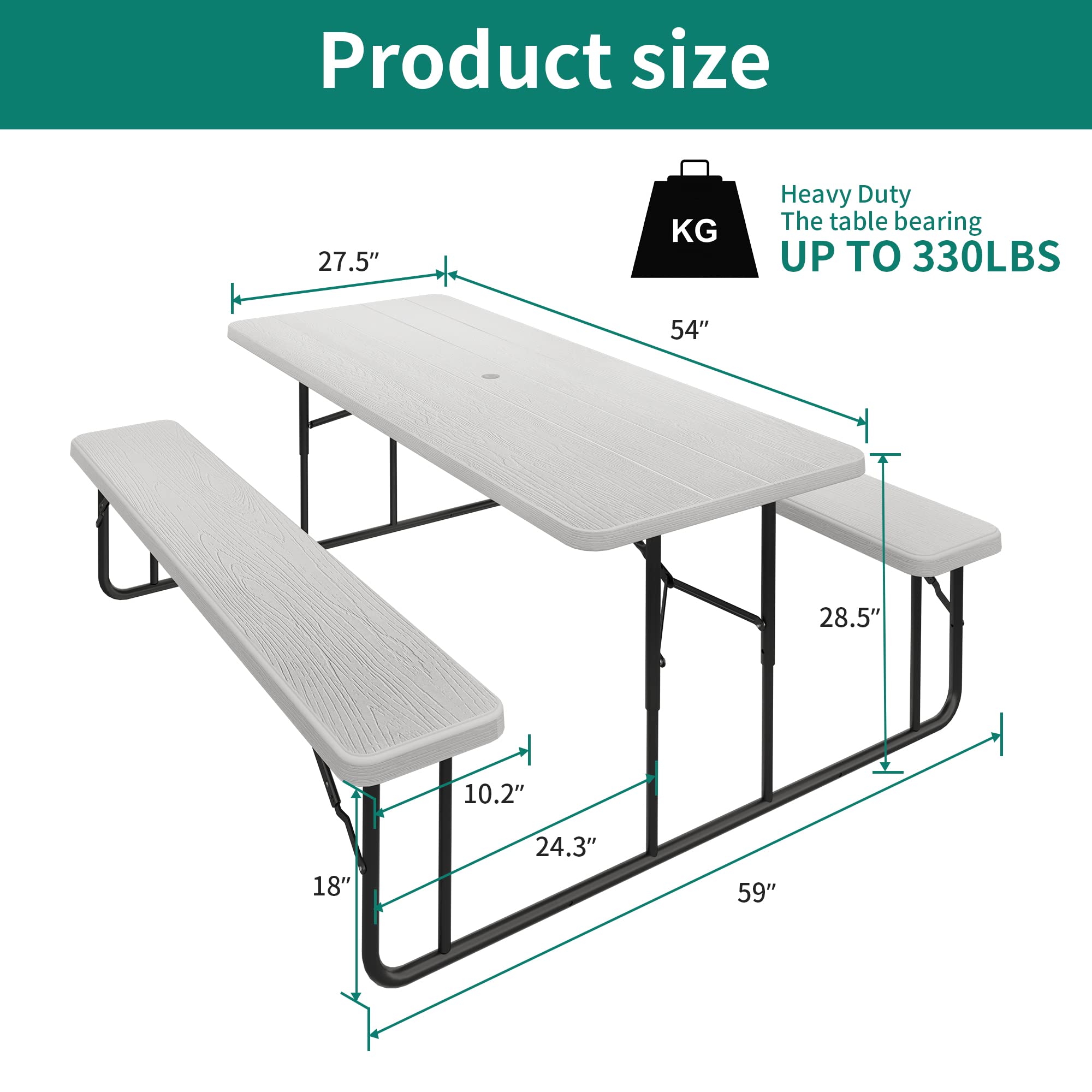 YITAHOME 6FT Large Folding Picnic Table w/Easy Assembly Steel Frame & Wood Like Tabletop, All Weather Folding Picnic Tables with Benches Ideal for Yard Patio Lawn Party, White