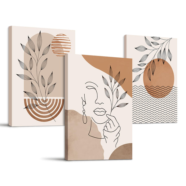 SERIMINO Boho Framed Wall Art Set of 3, Minimalist Wall Decor Living Room, Geometric Line Leaf Sun Moon Canvas Artwork Paintings for Bathroom, Home Decor Print, 20