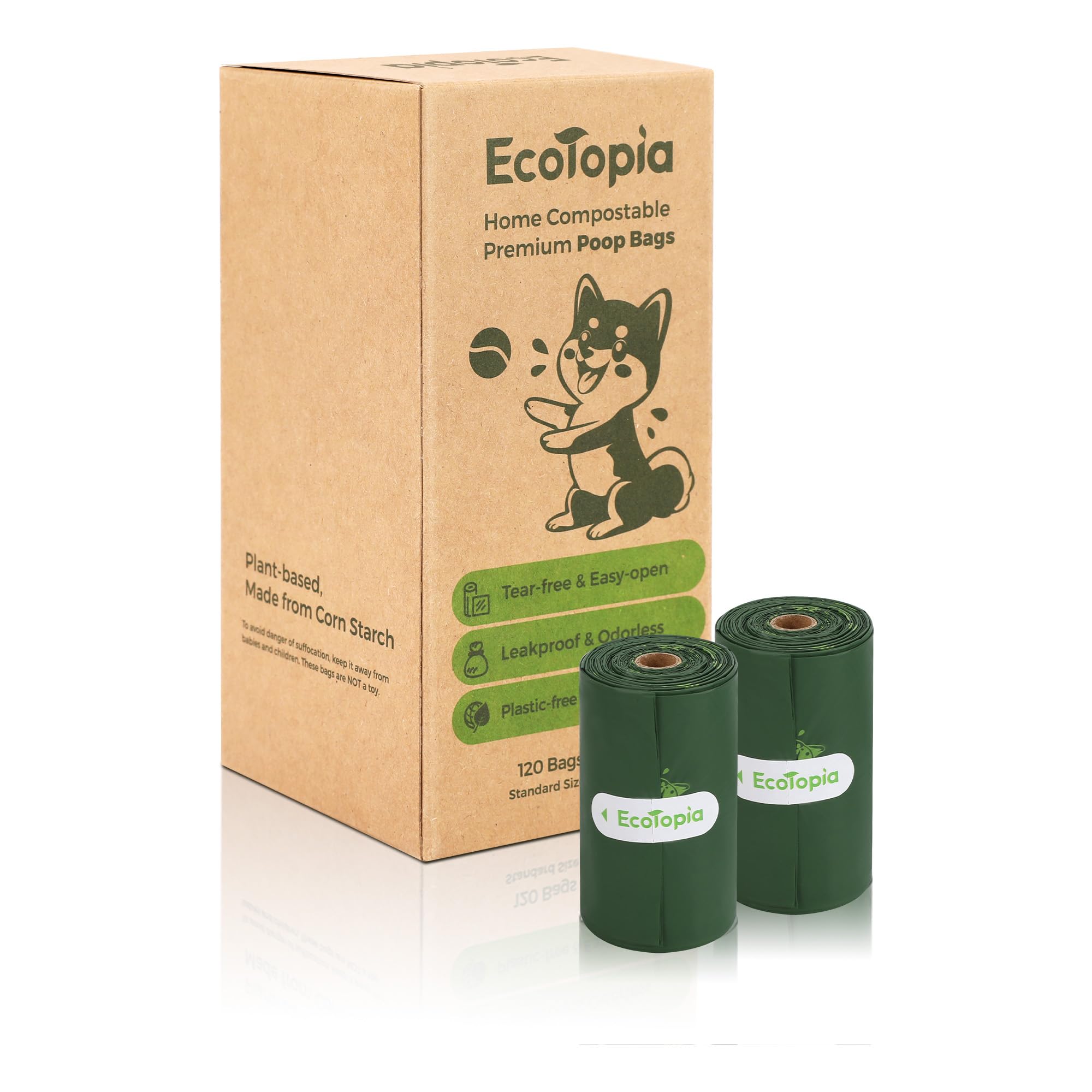 Tear-Free Dog Poop Bags Rolls and Recyclable Poop Bags Dispenser,ASTM D6400 & EN 13432 Compliant Dog Waste Bags,Extra Thick&Leakproof,120Bags,Dark Green