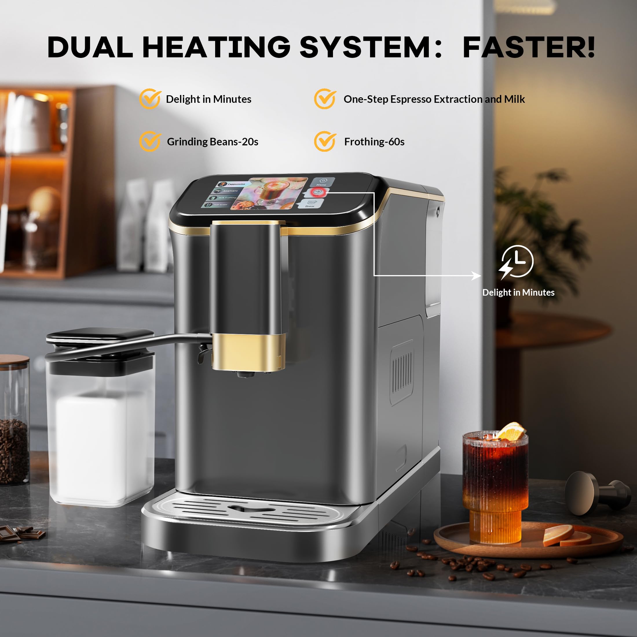 Super Automatic Espresso Machine 20 Bar With Milk Frother, Fully Automatic Bean to Cup Espresso Cappuccino and Latte Iced Coffee Maker Built-In Burr Grinder, Milk Container, Intuitive Touch Display
