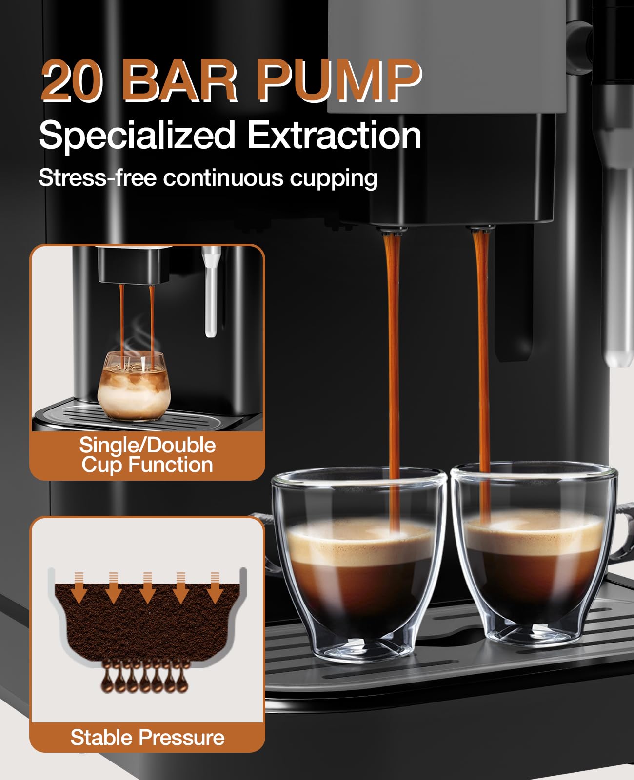 GarveeTech Fully Automatic Espresso Machine, 20 Bar Espresso & Coffee Machine with Milk Frother, Built-In & Adjustable Espresso Bean Grinder, Touch Screen Coffee Machine with 1.5L Water Tank