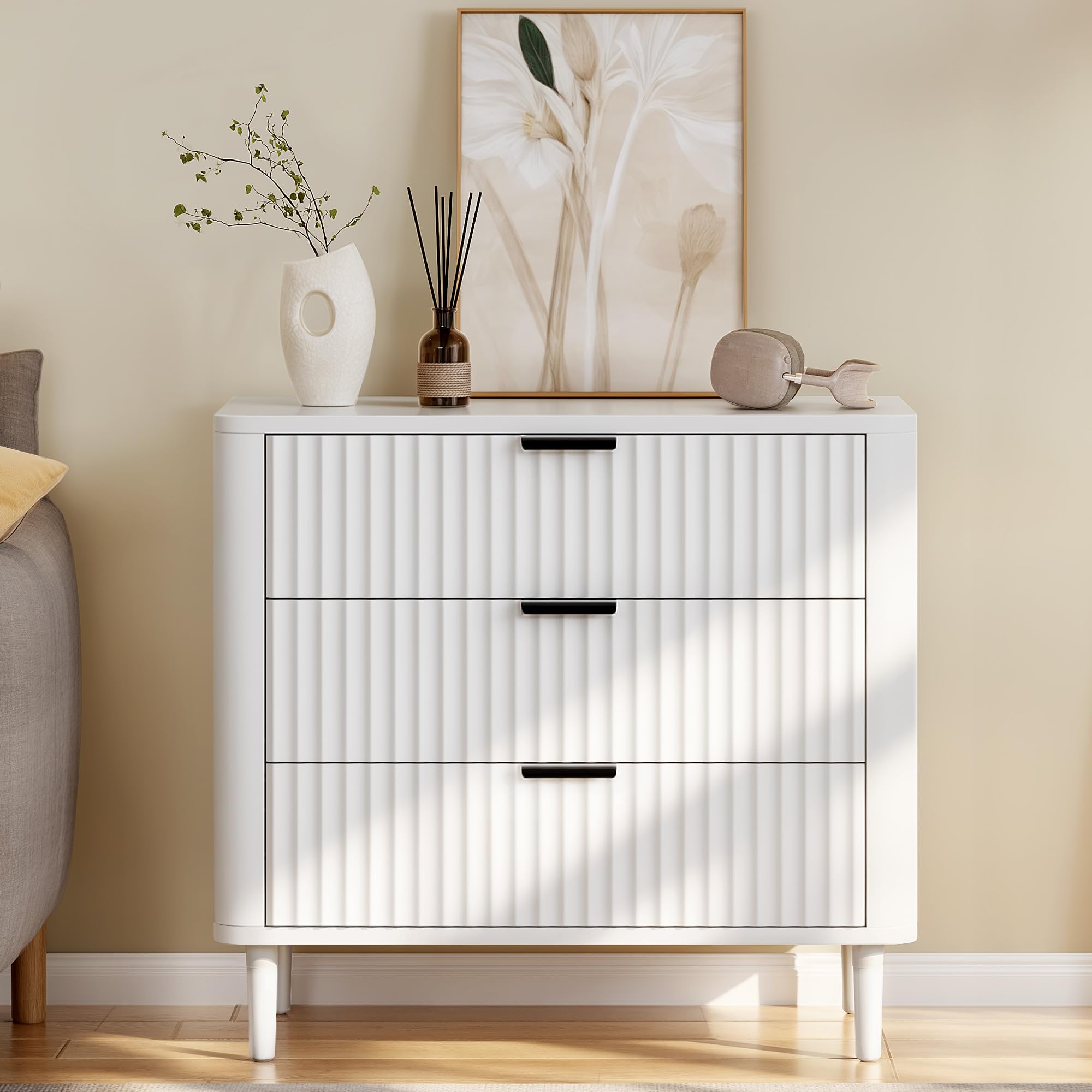 DWVO Fluted 3 Drawer Dresser, 32.5 Wider Modern Dressers Chest of Drawers with Solid Wood Legs, Wood Storage Dresser Organizer for Dorms, Flats, Living Rooms, Hallways, White