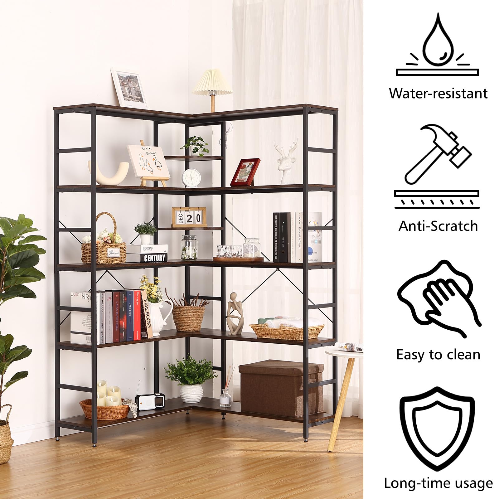 GarveeHome Bookcases and Bookshelves,5-Tiers Corner Bookcase with Curved Panels,Corner Shelf L-Shaped Book Shelves Display Storage Rack with Metal Frame for Living Room Home Office, Rustic Brown