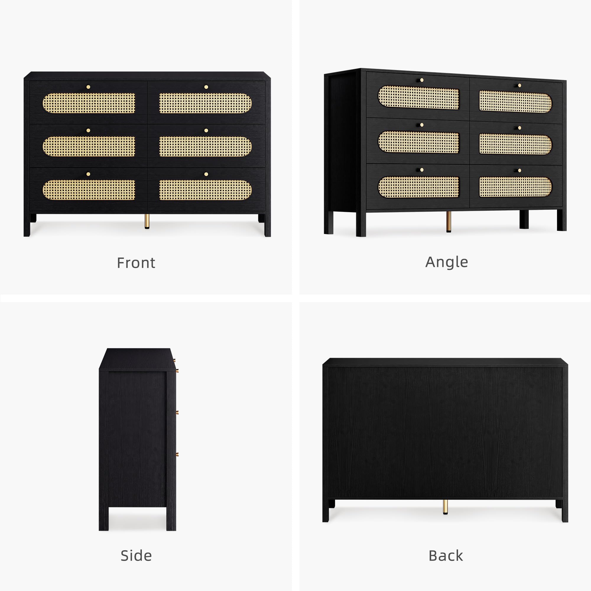 DWVO Buffet Cabinet Rattan - Storage with 6 Wood Storage Closet Dressers Chest - Coffee Bar with Drawer-Accent with Golden Handles for Living Room/Dining Room/Entryway-Black