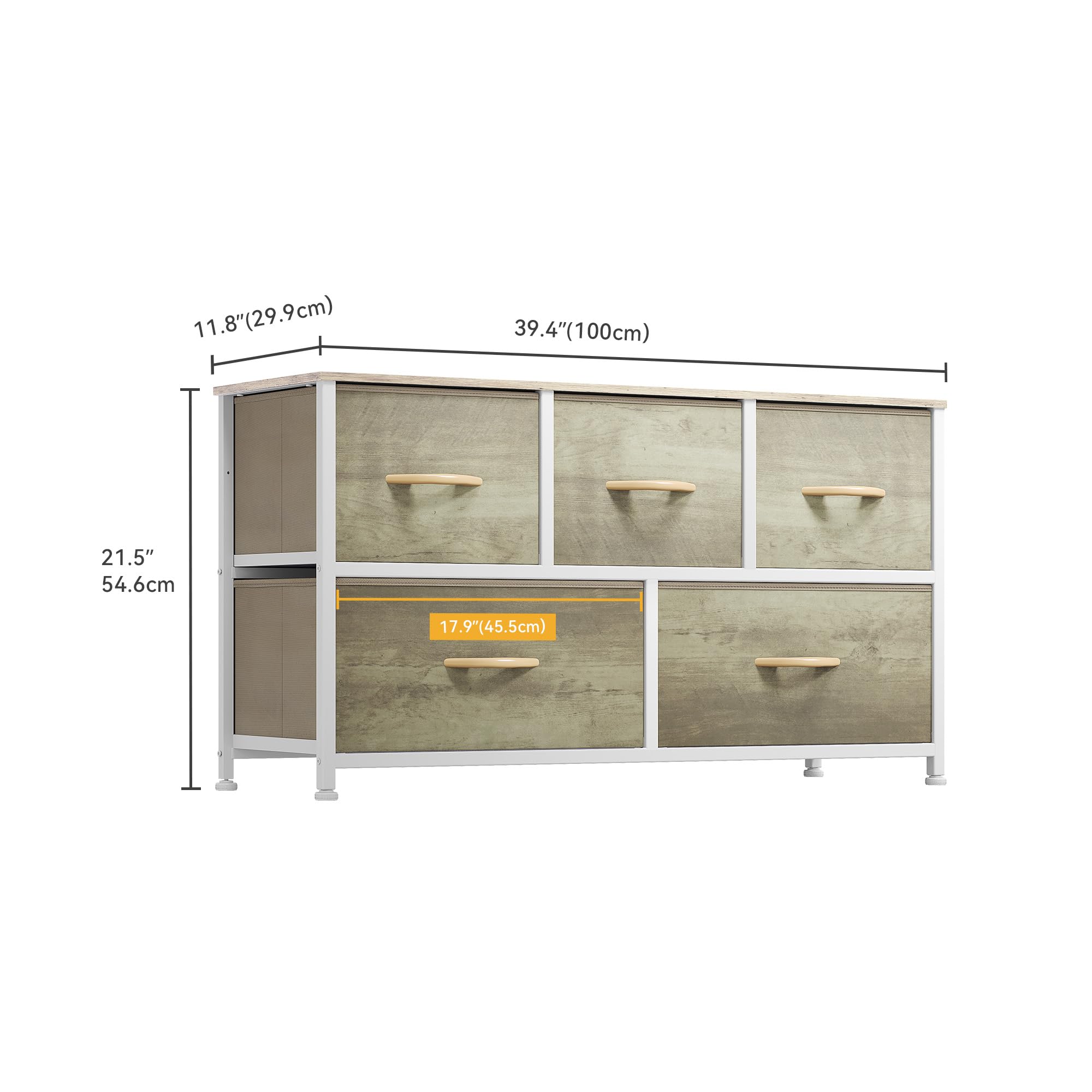 DWVO Wide Chest of Drawers, Dresser with 5 Drawers, Oak Grain Fabric Storage Tower, Dresser for Room with 5 Drawers, Living Room, Closets - Sturdy Steel Frame, Wooden Top