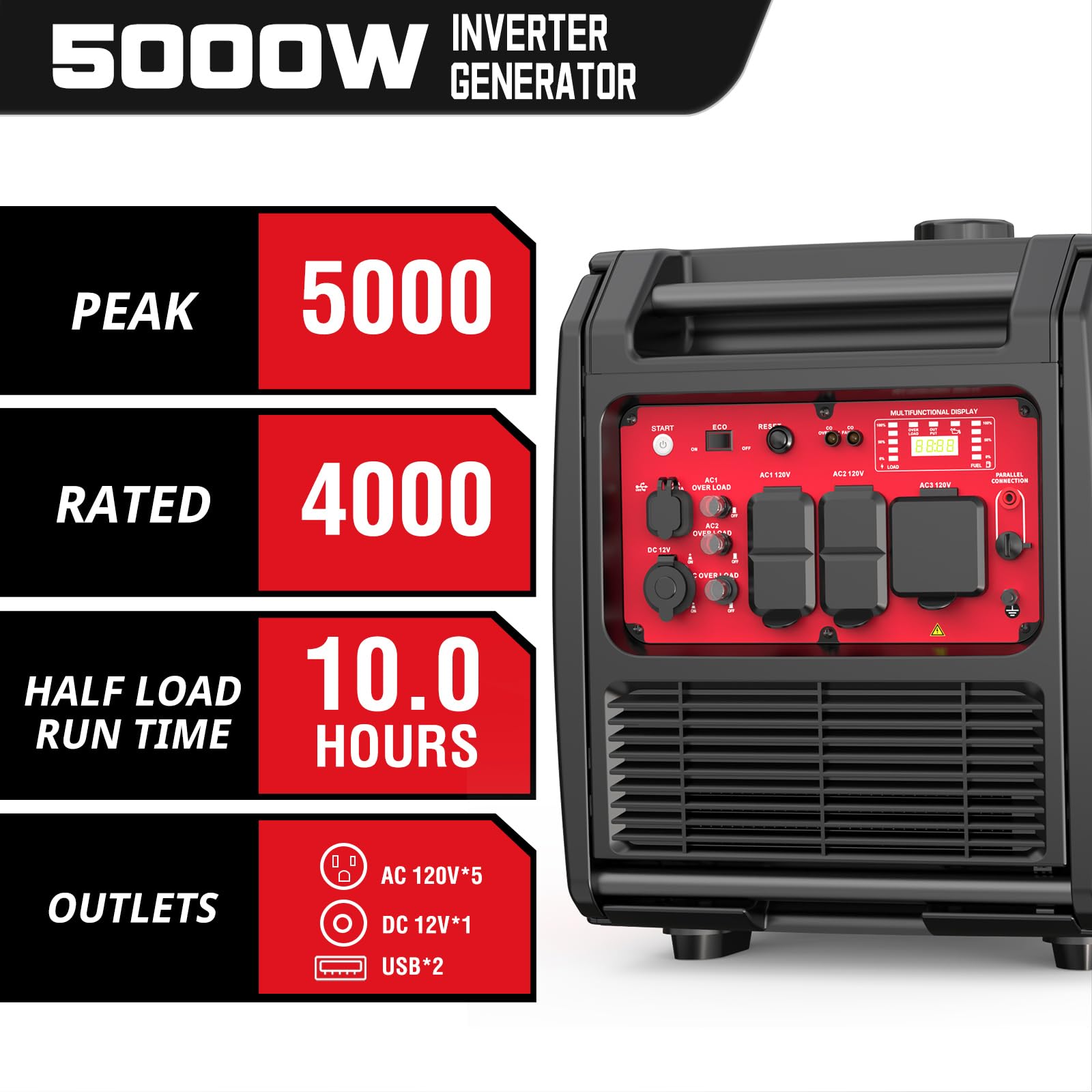 PowerSmart 5000-Watt Portable Inverter Generator with CO Protect, Electric Start, Super Quiet, 30 Amp RV Ready, Parallel Capable, Eco-Model Wheel Handle Kit