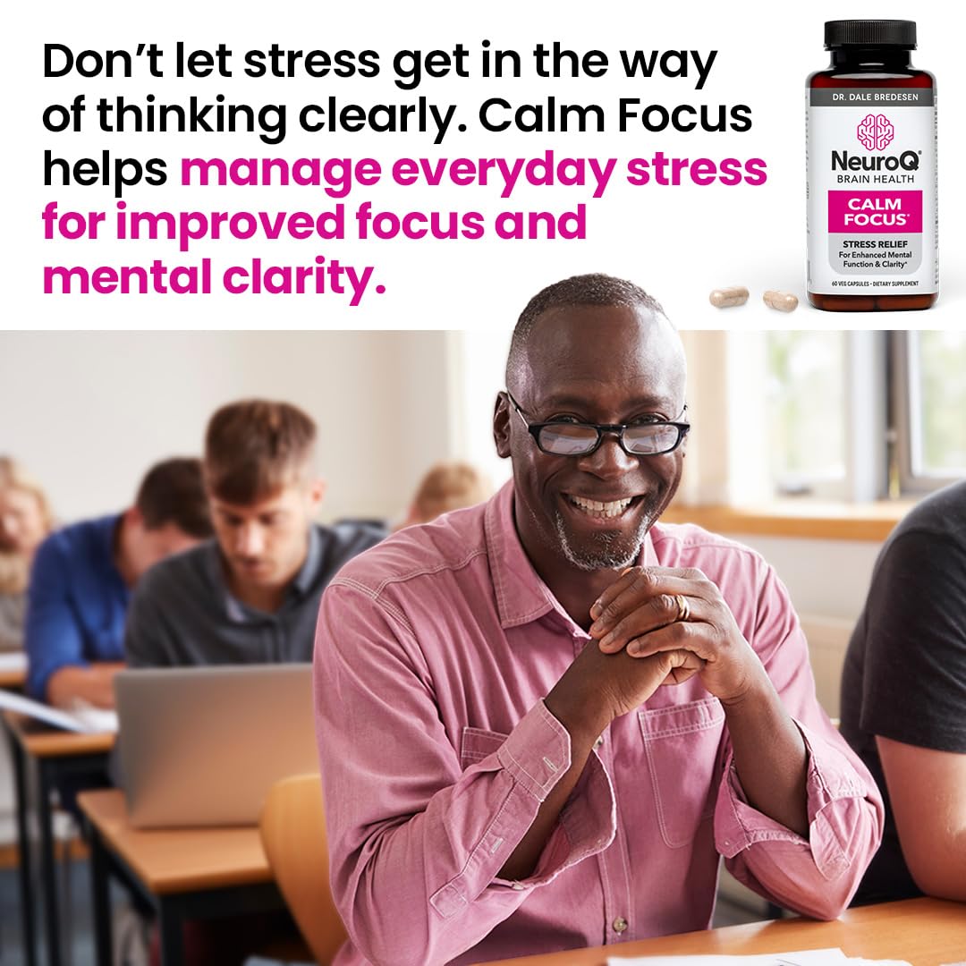 NeuroQ Calm Focus Capsules - Stress Relief Supplement - Supports Mental Function & Relaxation - Sensoril Ashwagandha, Magnesium, GABA, L-Theanine, Andean Cocoa & Kava Kava - 60 Capsules