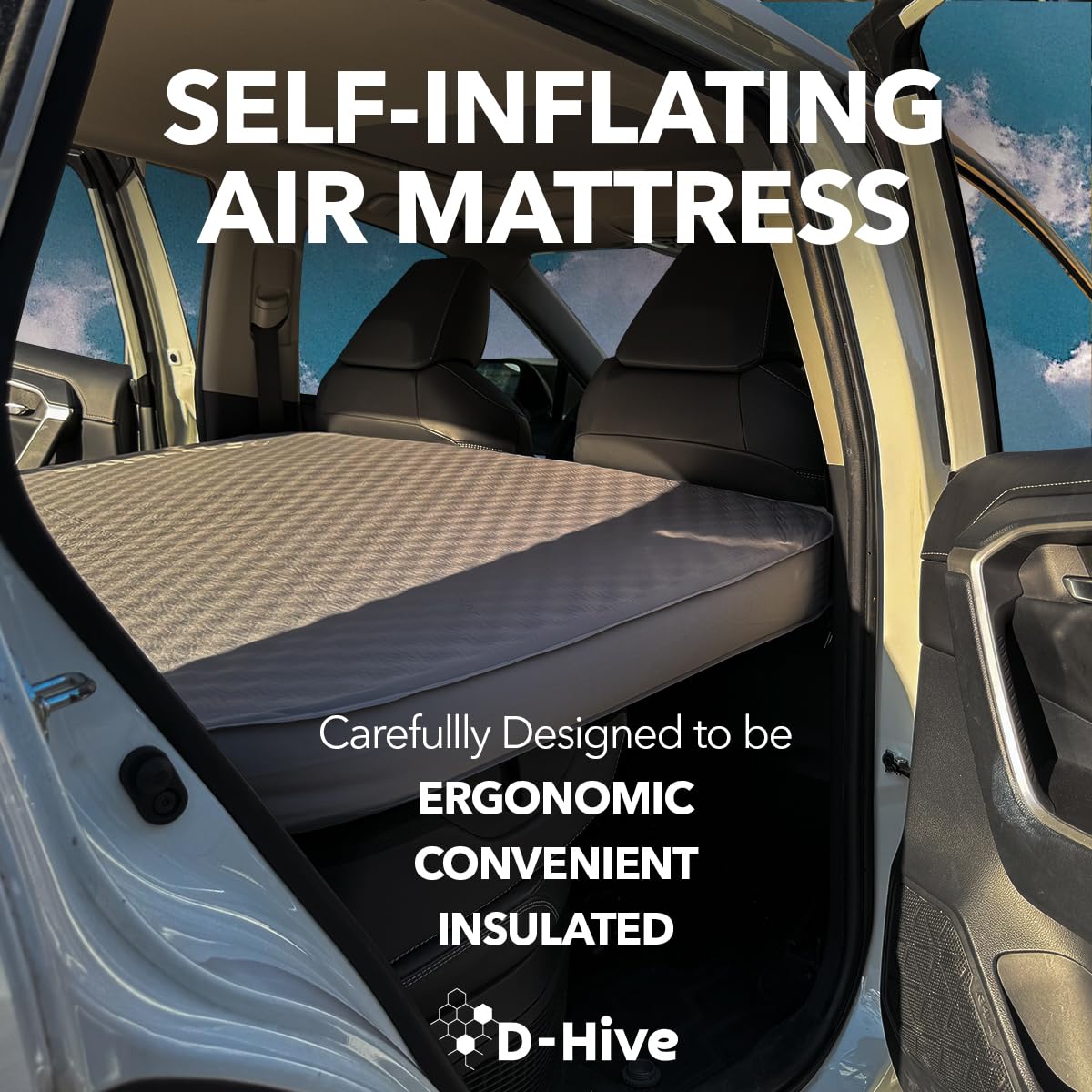 D-Hive Camping Mattress - Compatible with Tesla Model Y, 4.5" Extra Thick Self-Inflating Air Mattress, Self-Inflating Sleeping Pad Car Mattress, Solid Foam for All-Seasons, Fits SUVs incl Pump