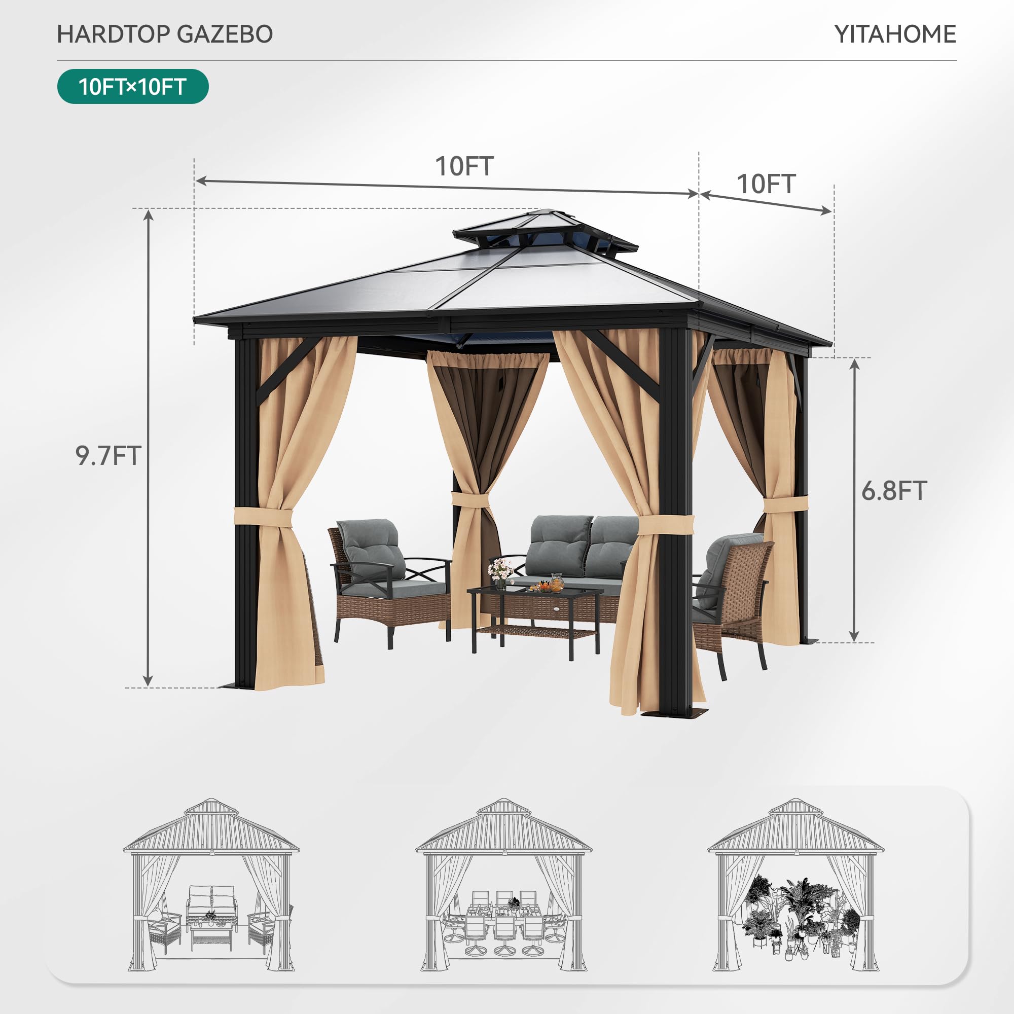 YITAHOME 10X10FT Hardtop Gazebo Outdoor Polycarbonate Patio Double Top Canopy Galvanized Iron Aluminum Column Garden Tent Curtains Netting for Backyards Decks Lawns,Brown