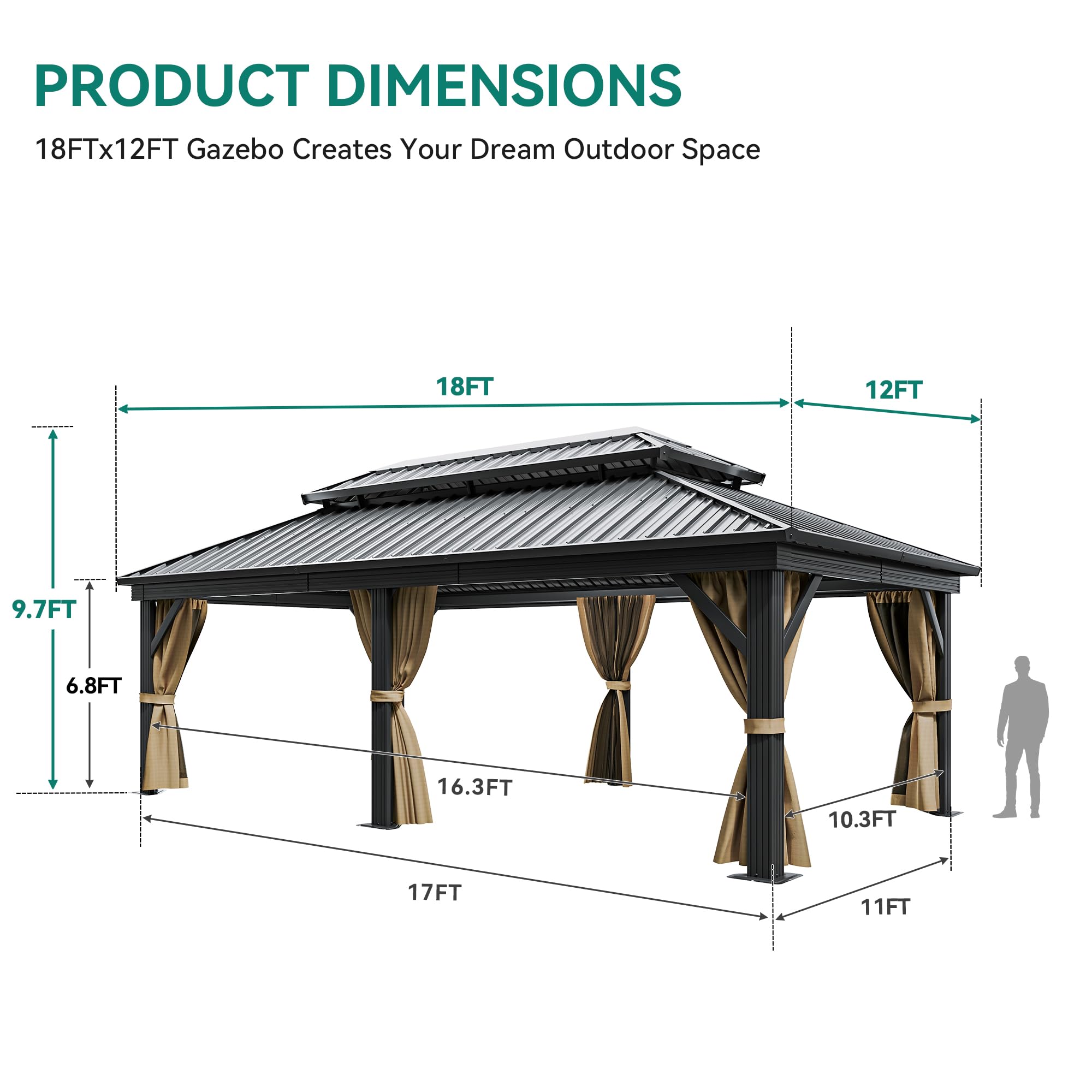 YITAHOME 12X18FT Hardtop Gazebo Double Roof Canopy Galvanized Iron 4.7X4.7'' Aluminum Pillar Garden Tent Curtains Netting for Patios Backyards Decks Lawns