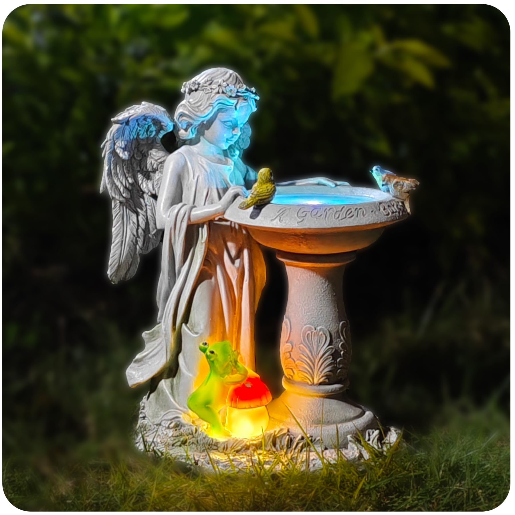 Vlyrofea Solar Angel Garden Sculpture with Color - Changing Lights,Resin Garden Outdoor Decorations Figurine with Birds,Frog & Mushroom for Home,Yard,Patio,Balcony,Lawn - Unique Housewarming Gifts