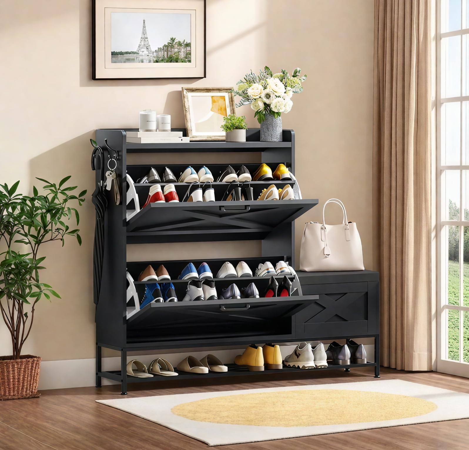 DWVO Farmhouse Shoe Cabinet Bench with 2 Flip Drawers for 16 Pairs, Chic Entryway Bench and Rustic Design for Living Rooms and Hallways (Black)
