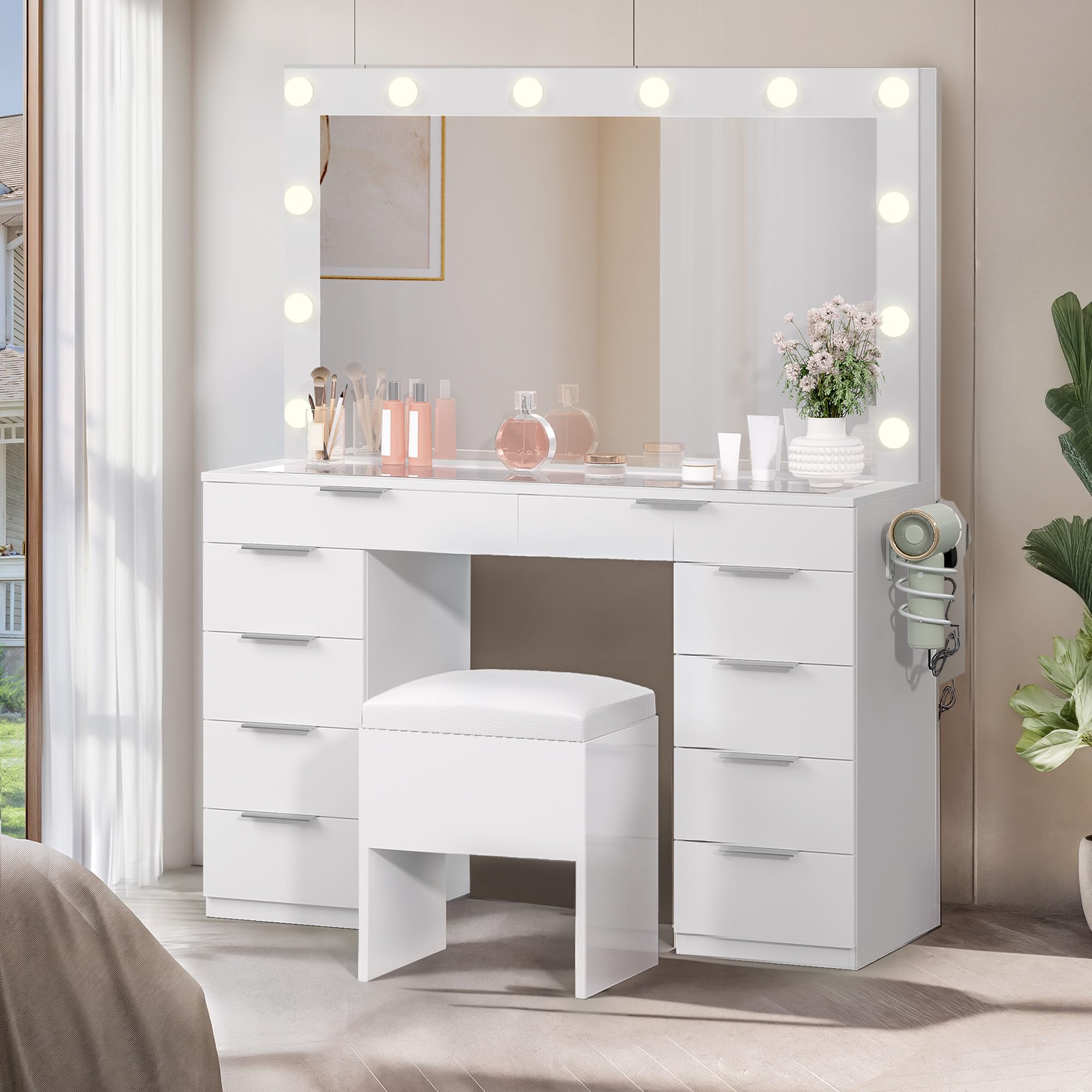 GOOBED 46" Makeup Vanity with Large Mirror & Lights, Glass Top 10-Drawer Vanity Desk Set with Power Outlets & Storage Stool, Dressing Table with 3 Light Modes for Dressing Room, Cream White