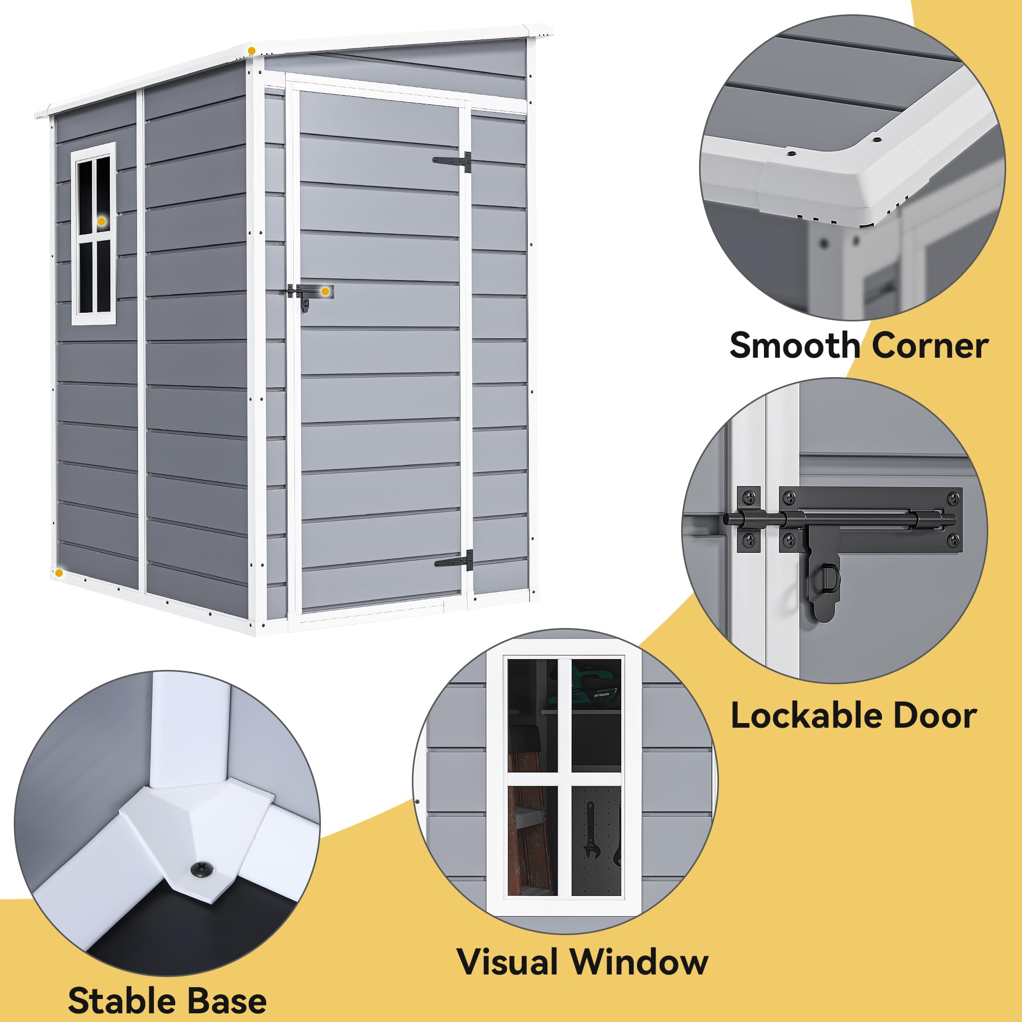 DWVO 5x4ft Resin Outdoor Storage Shed with Floor, Large Waterproof Lockable Storage Shed with Window, Plastic Outside Tool Storage for Garden, Backyard, Patio, Lawn, Gray
