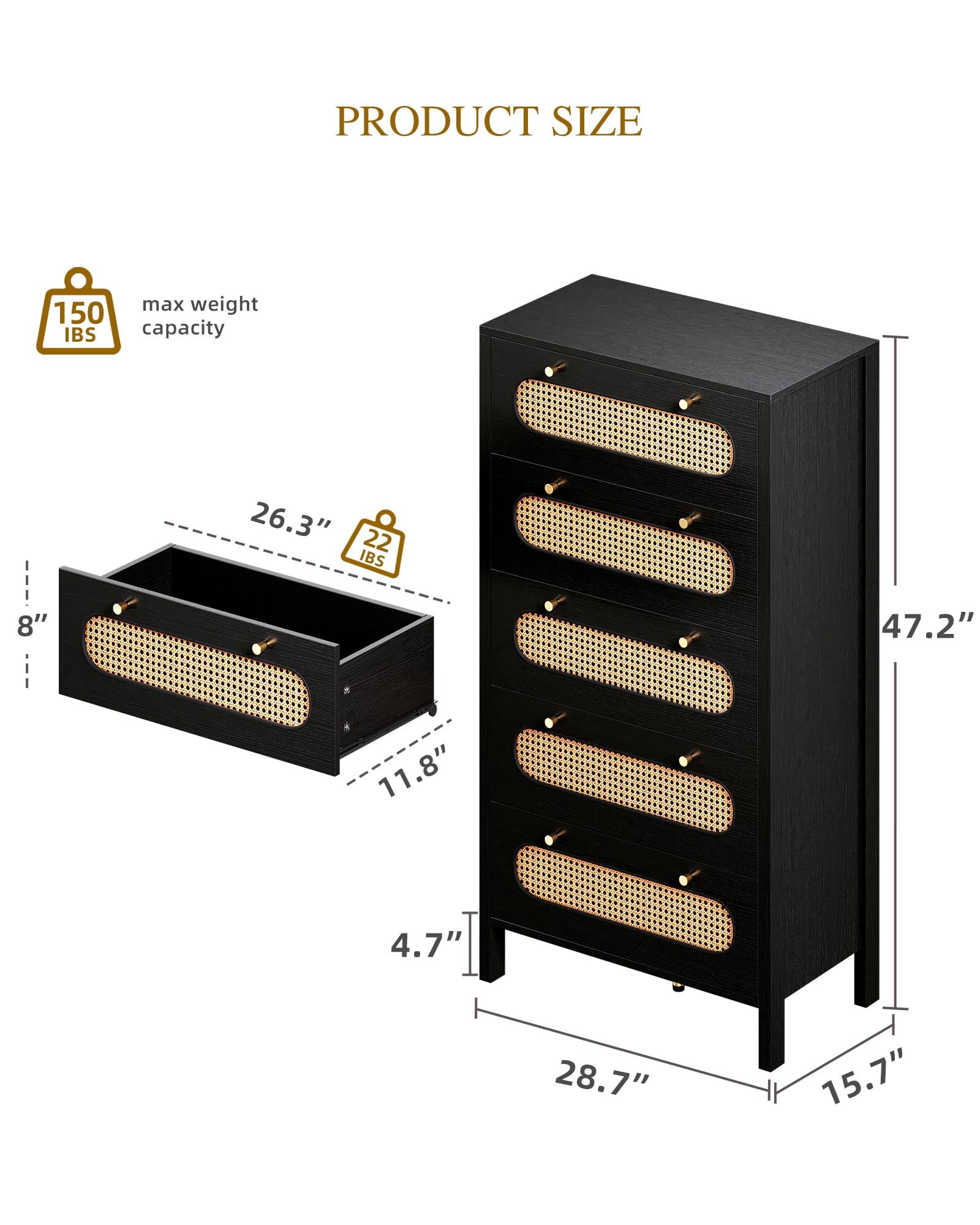 DWVO 47" Tall Natural Rattan Buffet Sideboard Cabinet 5 Drawer Boho Dresser Chest of Drawers with Golden Handles, Wood Dresser Storage Cabinet for Hallway, Entryway, Hold up to 300lbs, Black