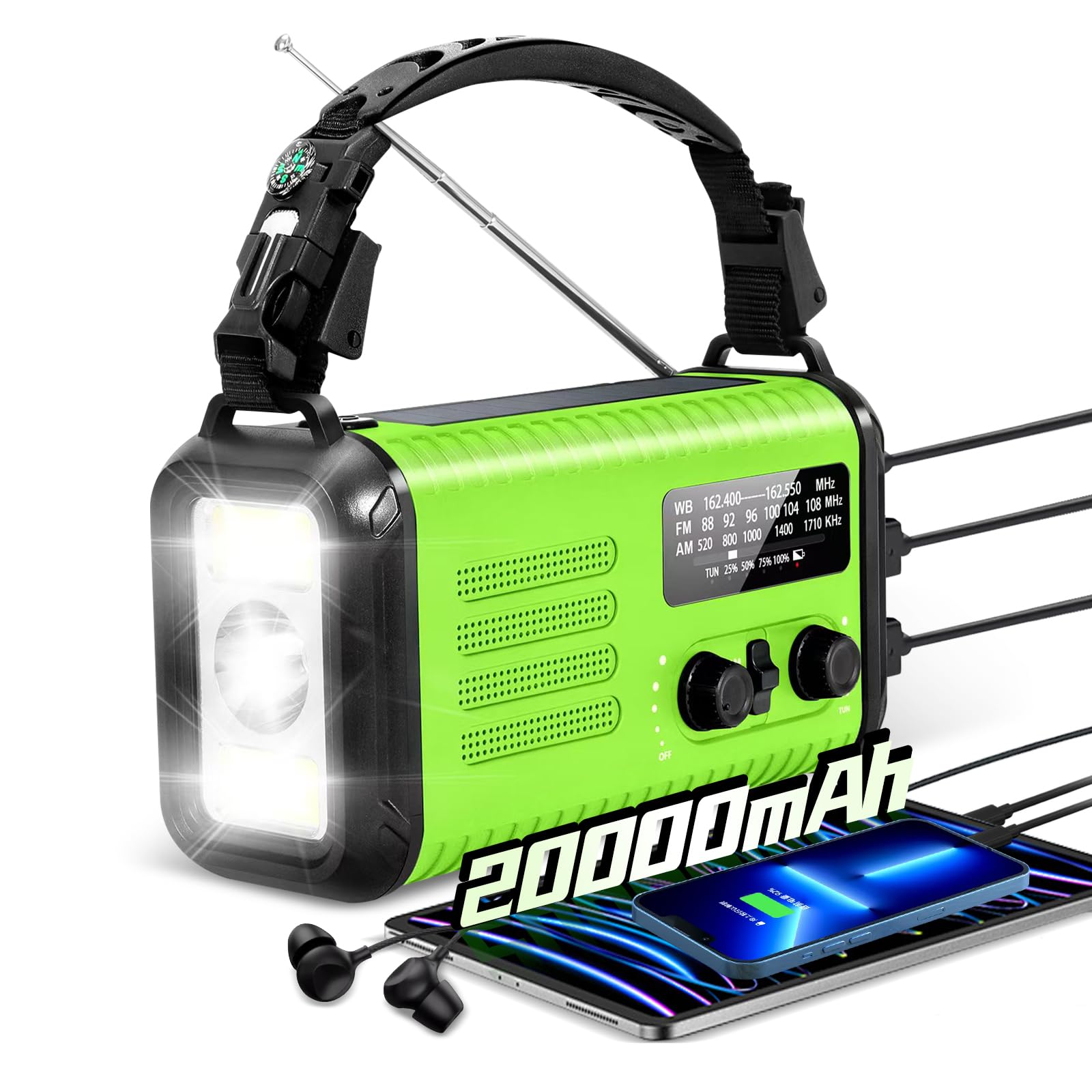 20000mAh / 74000mWh Emergency Crank Radio, NOAA/AM/FM Portable Weather Radio, Solar Hand Crank Radio, Battery Powered with USB Phone Charger, Flashlight Reading Lamp & SOS for Survival Camping