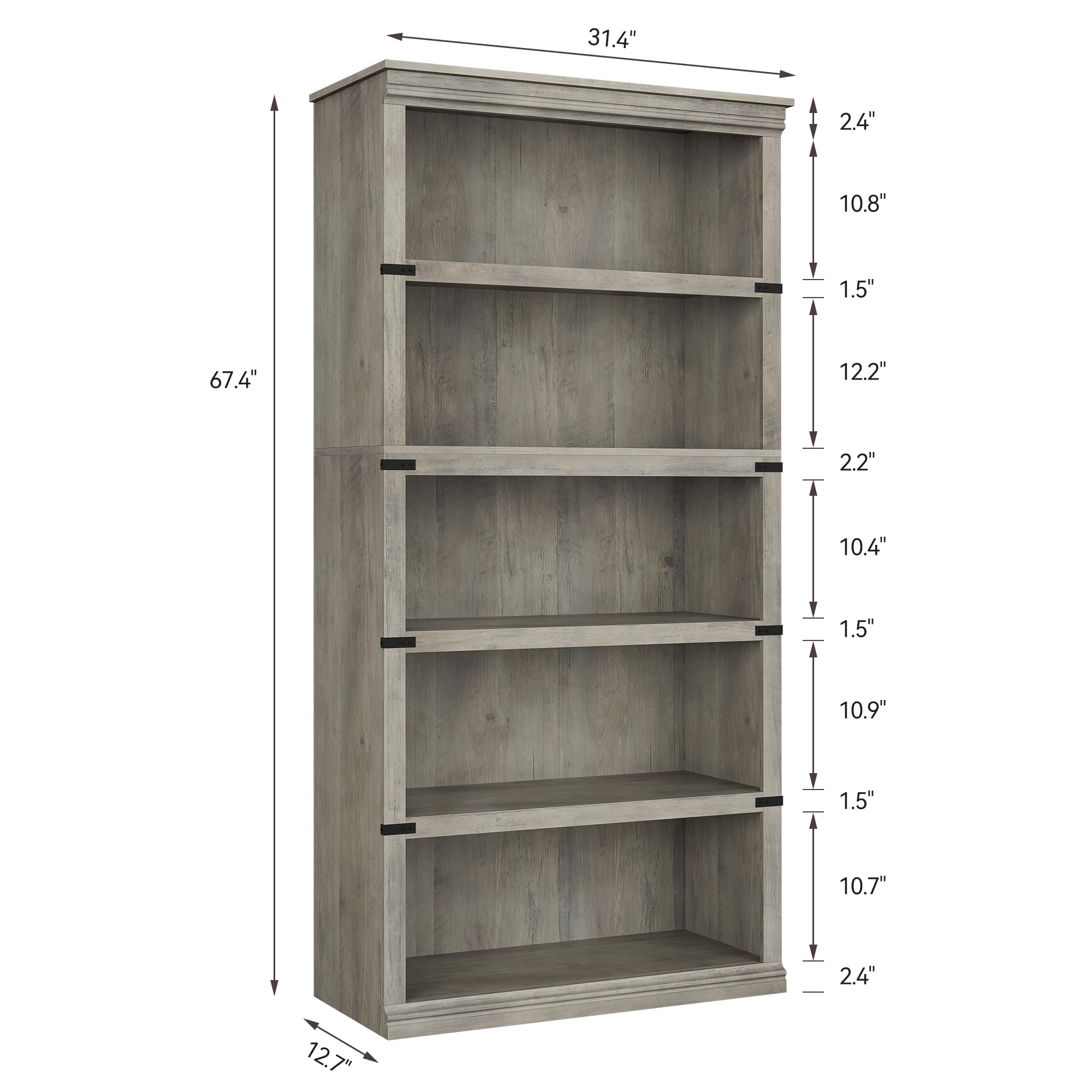 GarveeHome 5 Tier Farmhouse Bookcase, 67.4" Tall Book Shelf with Storage, Wooden Bookshelves 5 Shelf Display Shelvesfor Home Office, Living Room, Bed Room (Grey, 67.4" H x 31.5" W x 12.8" D)