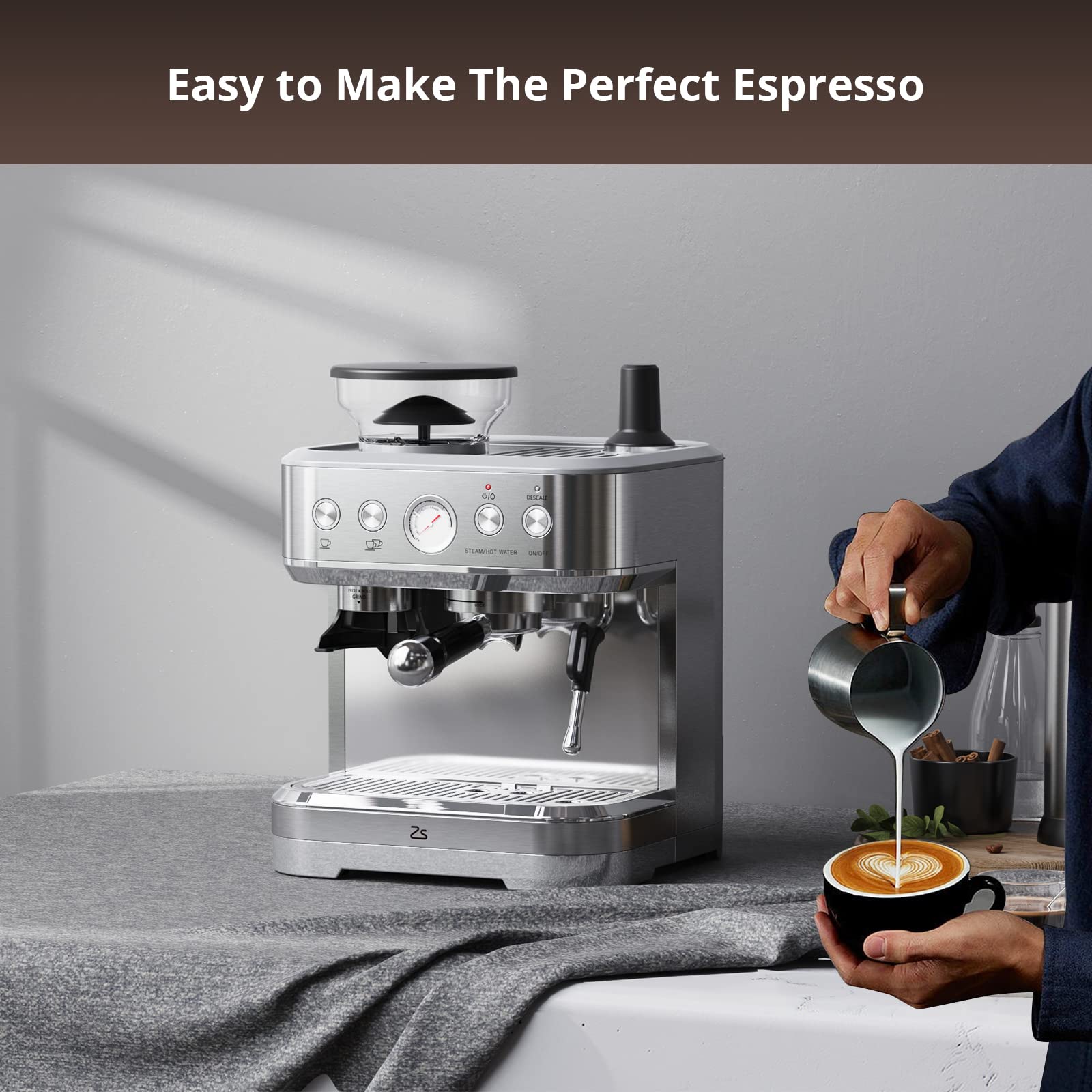 Litake Professional Espresso Coffee Machine with Milk Frother and Grinder, 15Bar Compact Espresso and Cappuccino Maker with Italian ULKA Pump, 2.5L Water Tank, Espresso Coffee Machine for Home Office