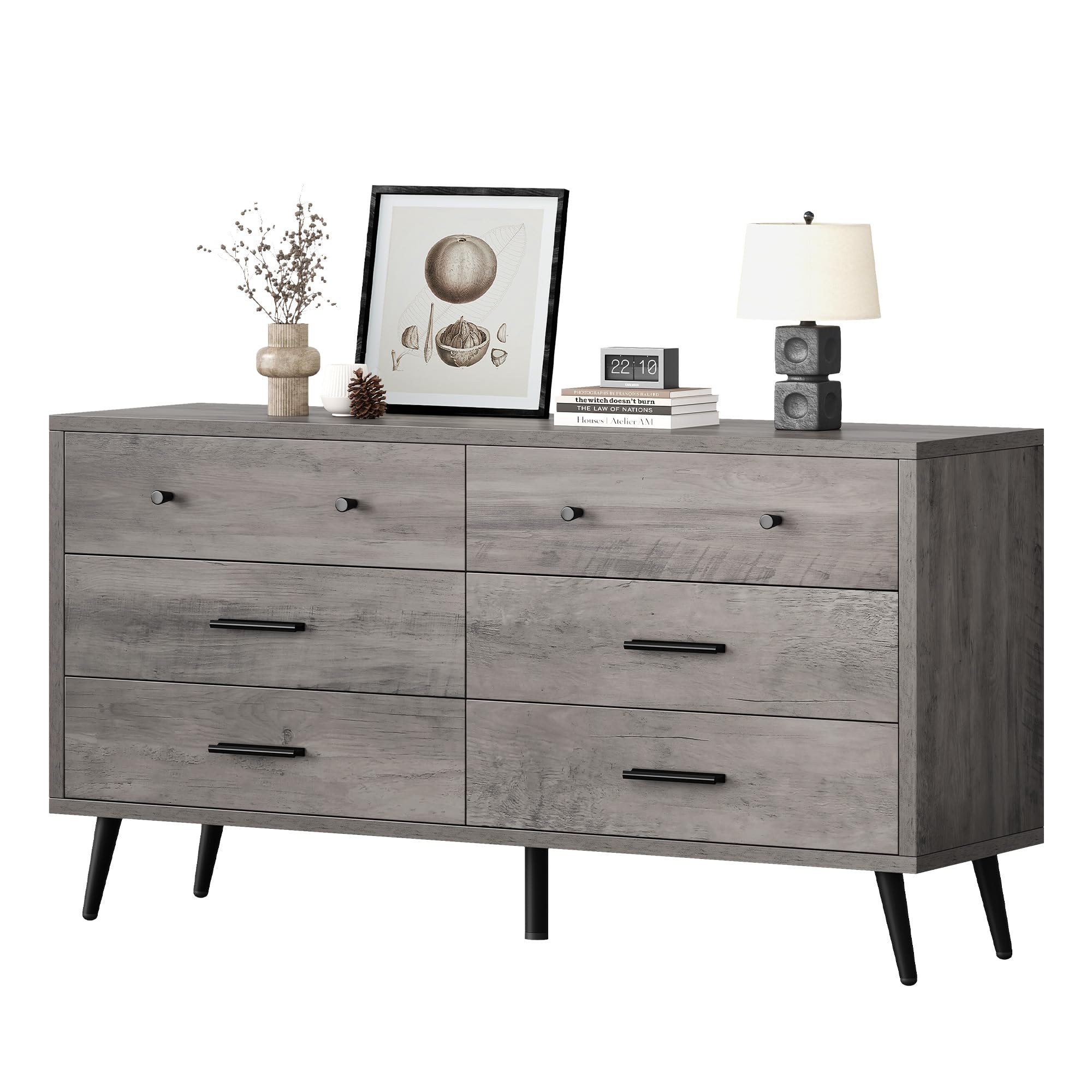DWVO Grey Dresser TV Stand for 65 Inch TV/6 Drawer Dresser Entertainment Center/Console Table with Black Metal Handles & Anti-Tipping Device for Living Room