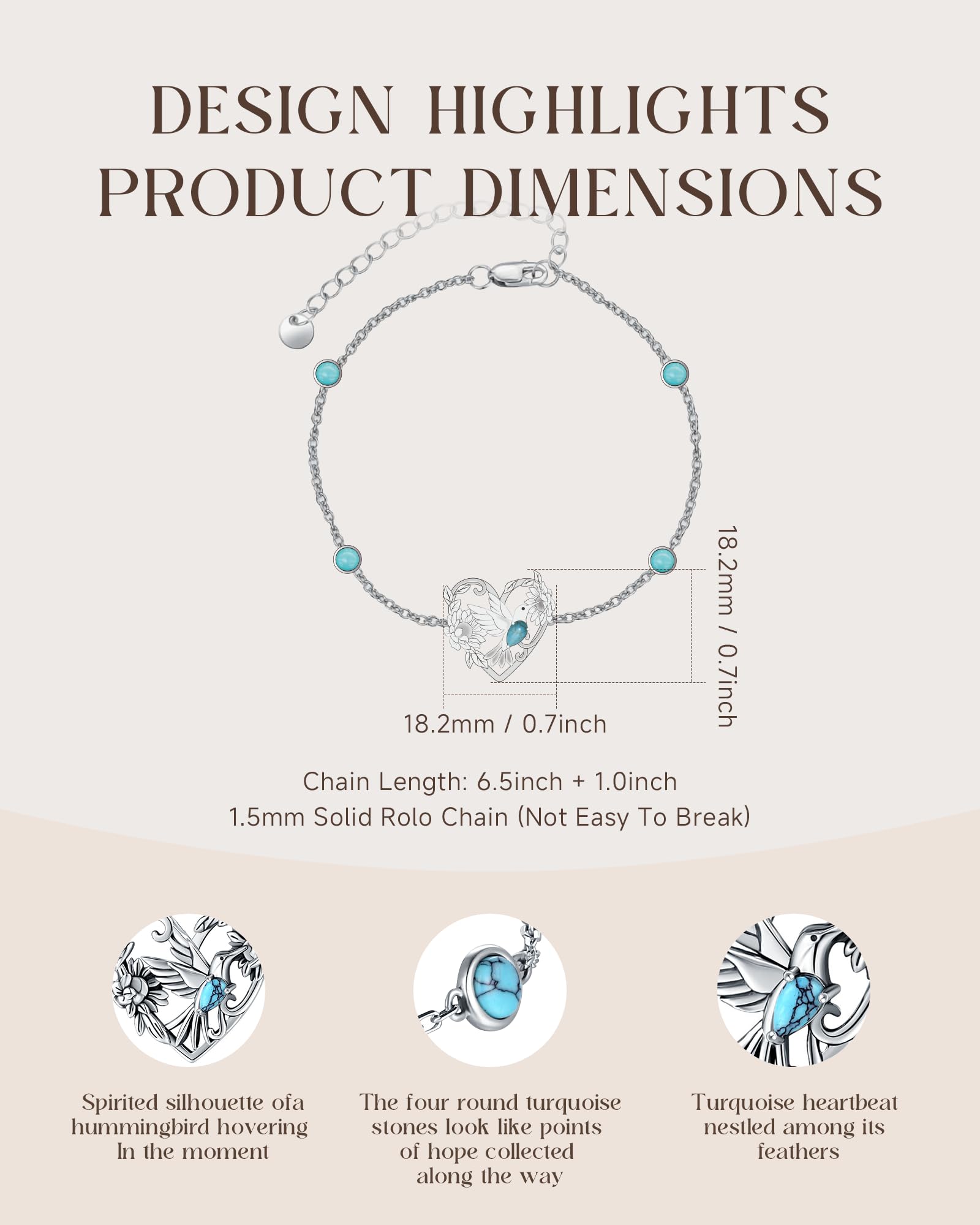 S925-Sterling-Silver Turquoise Dragonfly Sunflower/Hummingbird/Cross/Anchor Bracelet - Vintage Bohemian Bracelets Victorian Style Jewelry Christmas Birthday Gifts for Women (Hummingbird)
