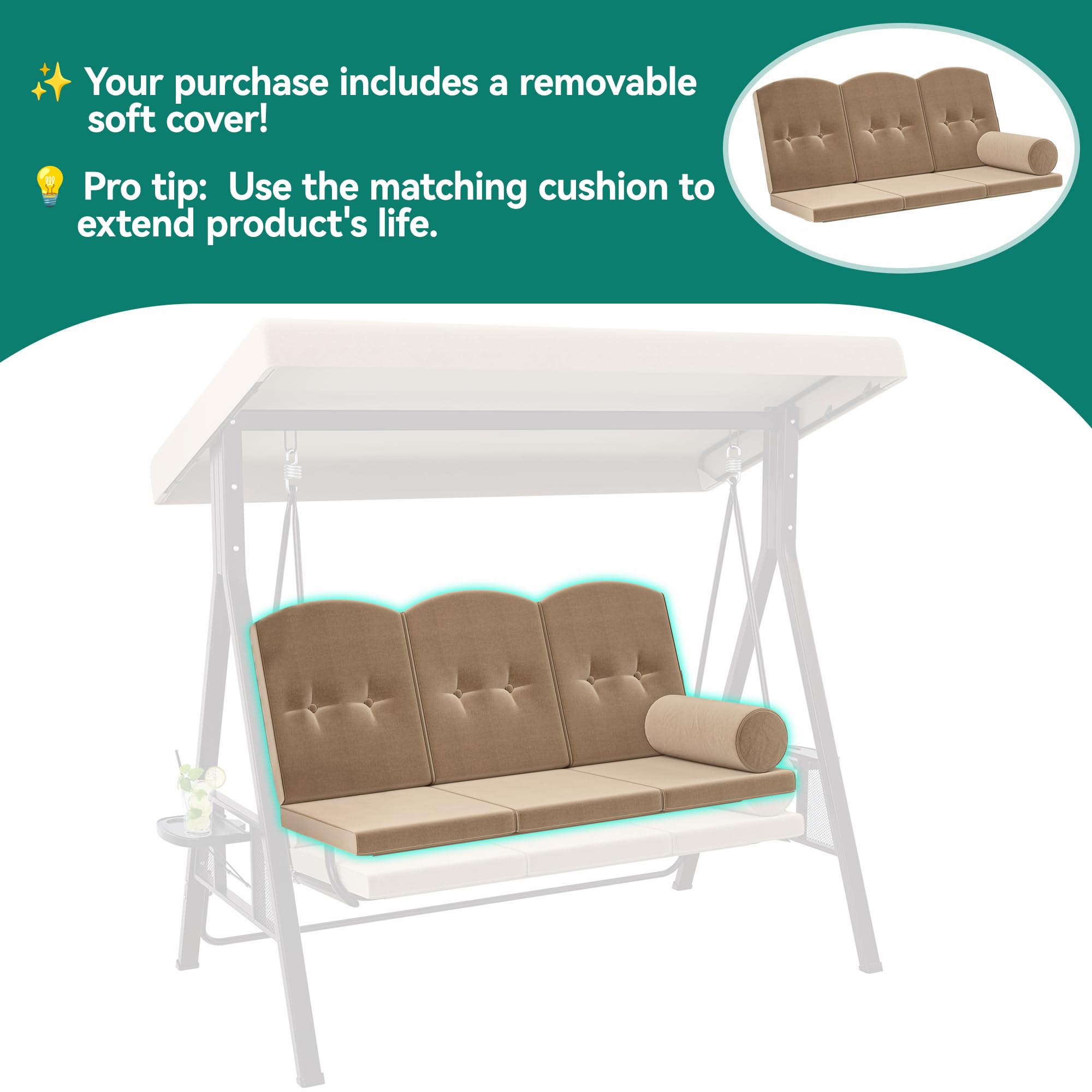 YITAHOME Porch Swing Bed 3-Seats Outdoor Patio Heavy Duty Swing Chair with Adjustable Canopy Removable Cushion, Suitable for Adult in Garden, Poolside, Balcony, Brown