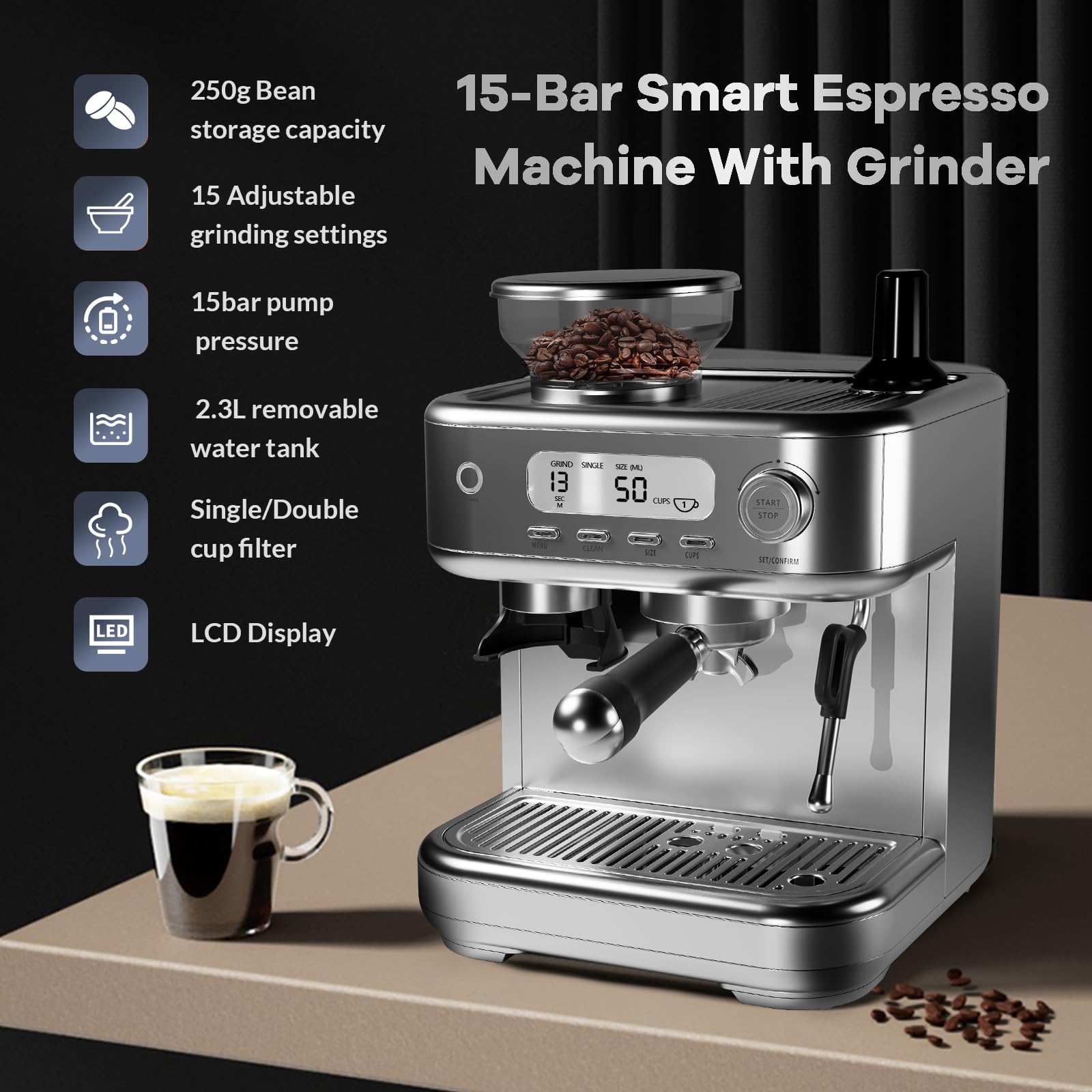 ACONEE Espresso Coffee Maker, 15 Bar Professional Espresso Coffee Maker with Built in Grinder, LED Display, Self-Clean, Barista Coffee Machine Kit, Latte Machines for Home Barista, Office, Grey