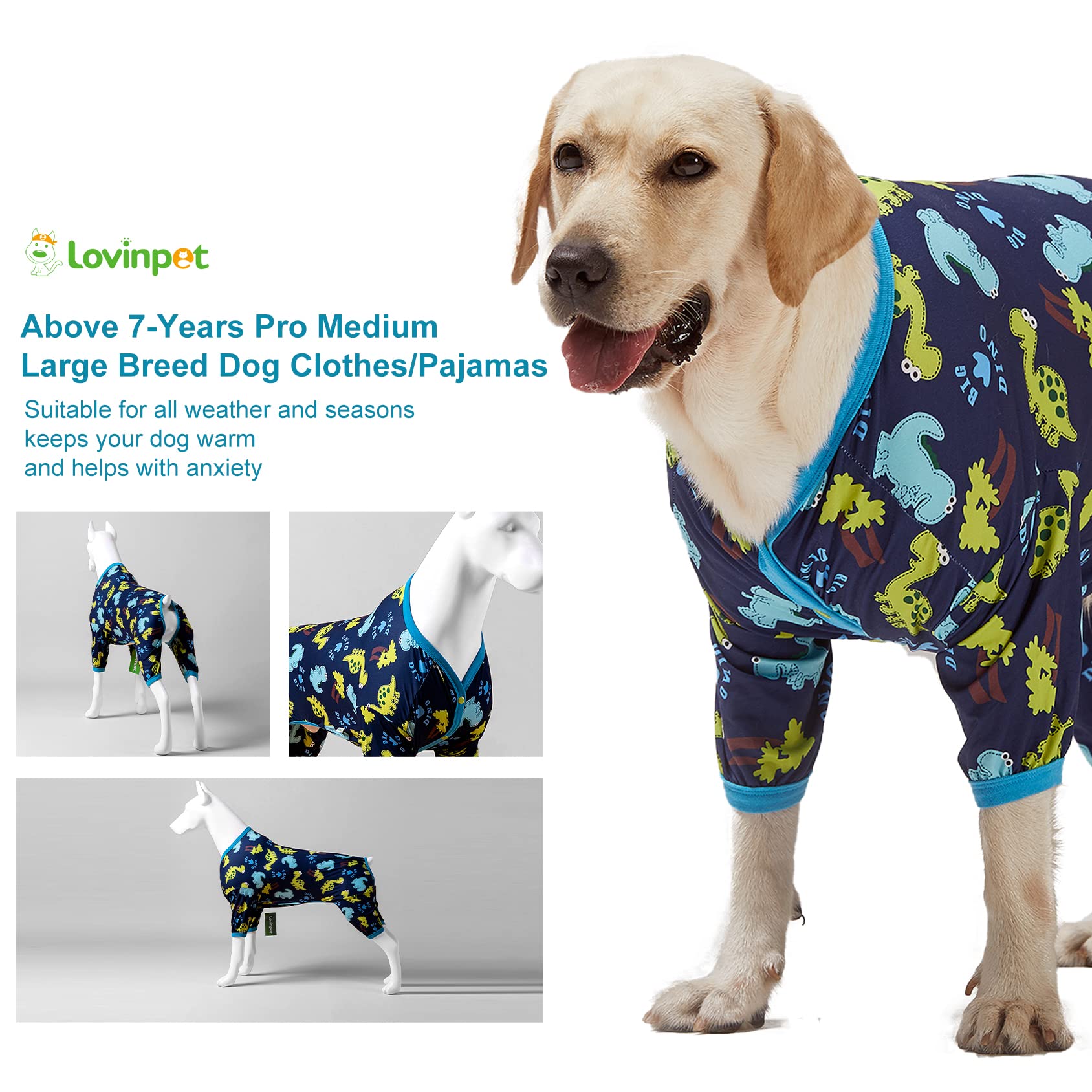 LovinPet Dog Clothing for Large Dogs: Dinosaur in The Jungle Print, Lightweight Stretchy Knit Pullover Puppy Pajamas, Big Dog Onesie. Large Breed Dog Jammies, Pet PJ's/XL
