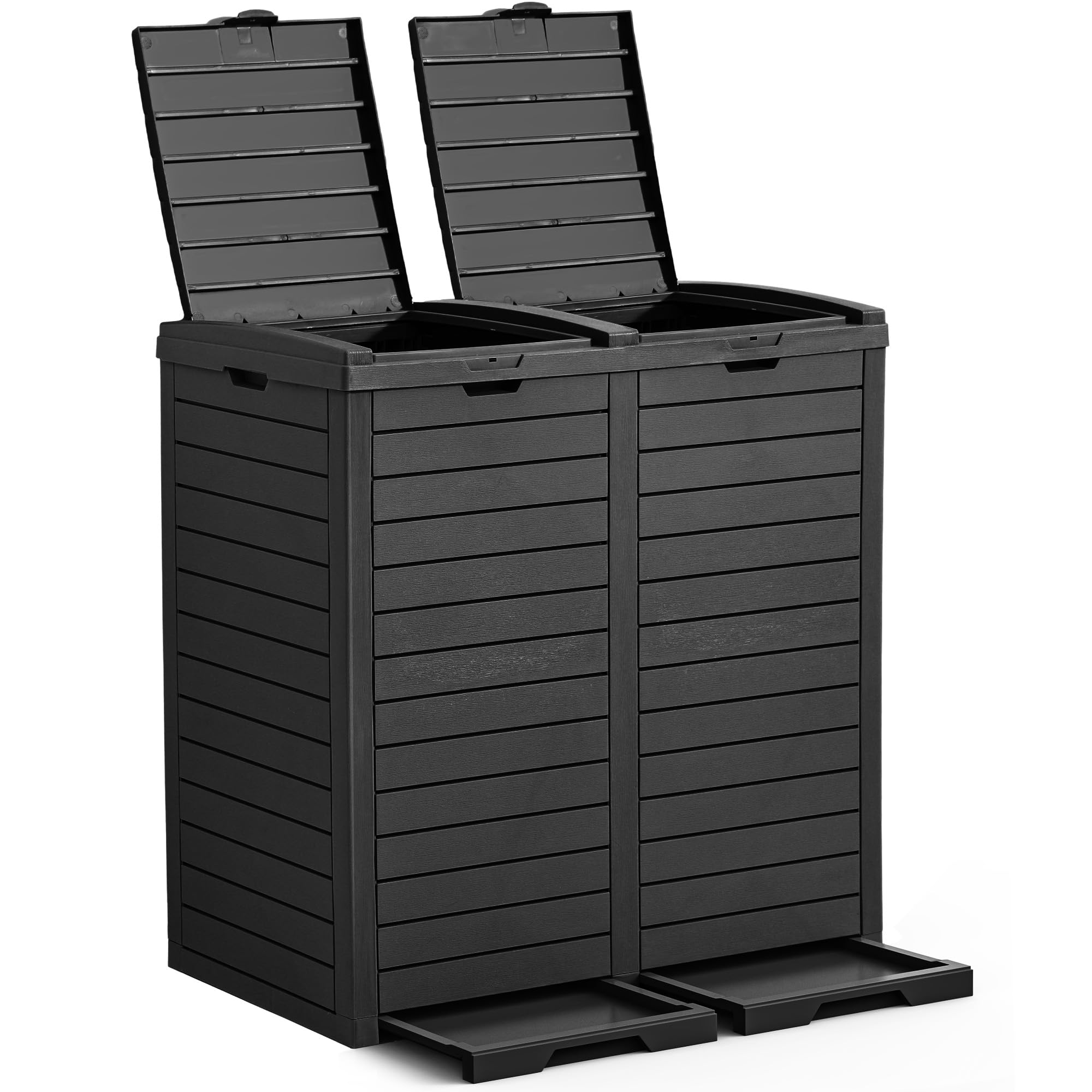 YITAHOME Outdoor Resin-Based Dual Compartment Trash Bins, 62 Gallon Capacity, Easy-to-Clean Hideaway Garbage Cans with Lid and Drip Tray (Black)
