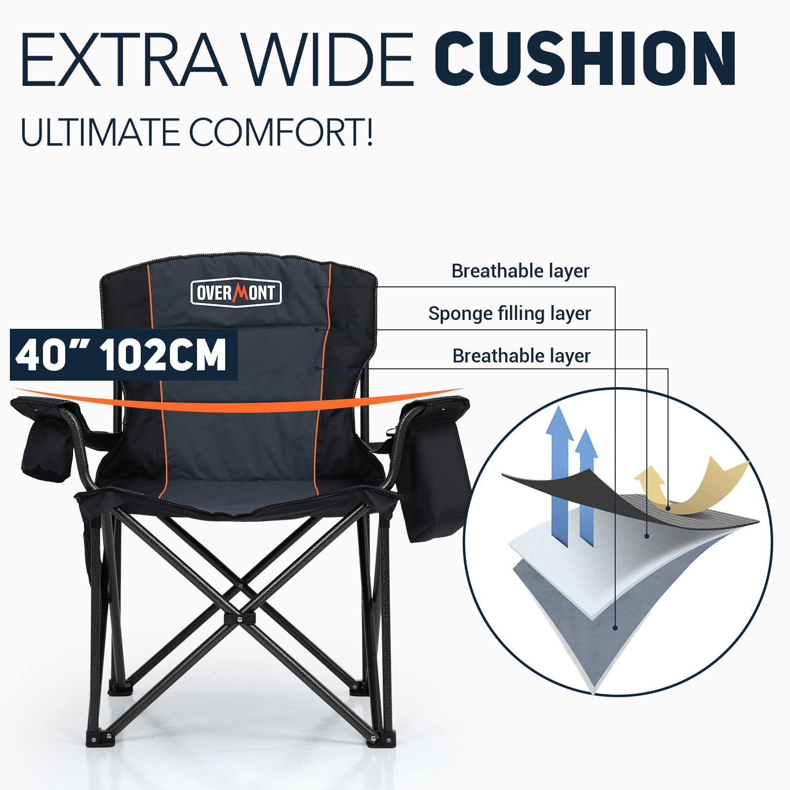 Overmont Oversized Folding Camping Chair - 450lbs Support with Padded Cushion Cooler Pockets - Heavy Duty Collapsible Chairs for Sports Garden Beach Fishing