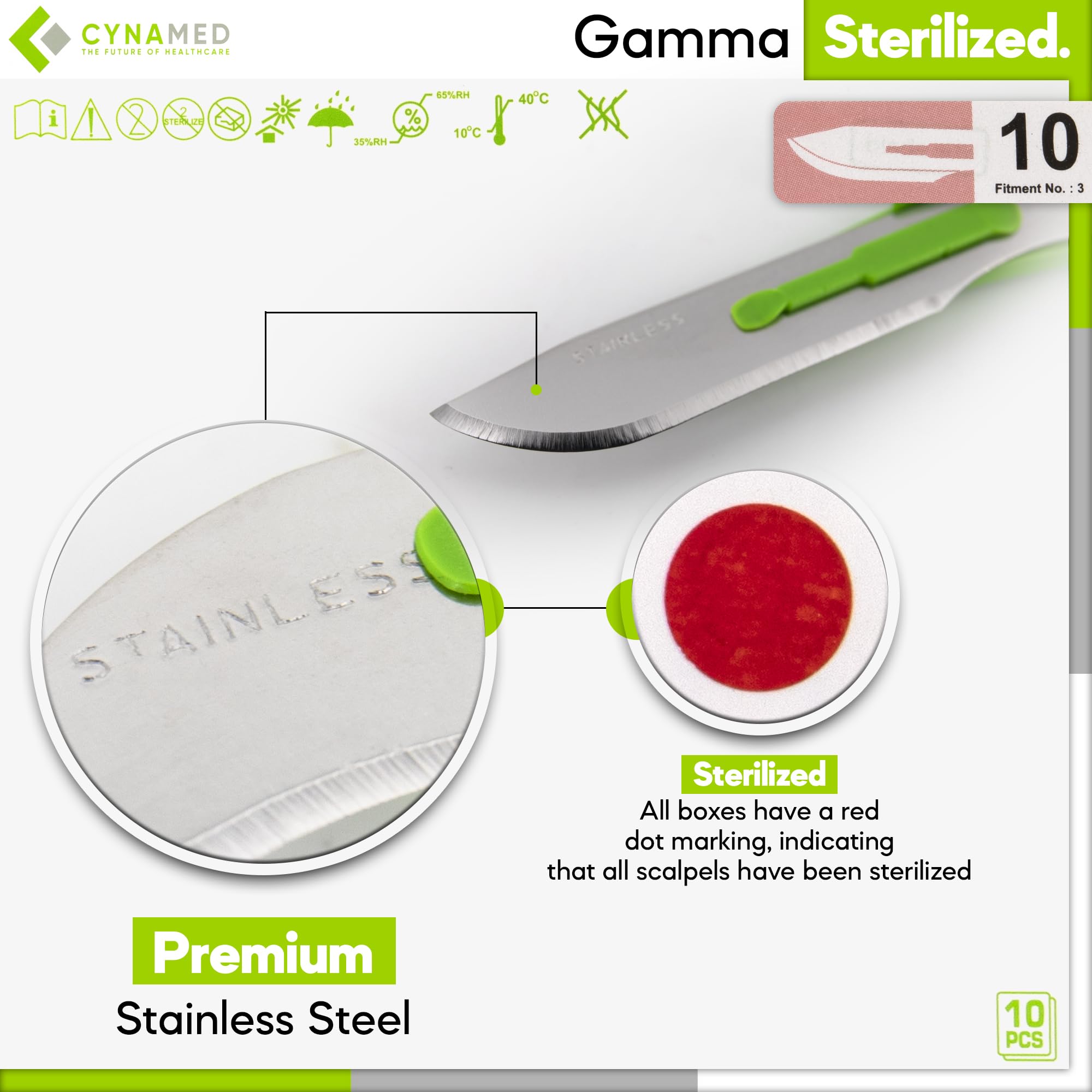 Cynamed Disposable Scalpel Blades| Sharp, Tempered Stainless-Steel Blades | Pack of 10 Sterile Scalpel Knives| Plastic Handle| Individual Pouches| for Dermaplaining, Podiatry, Crafts & More (No.10)