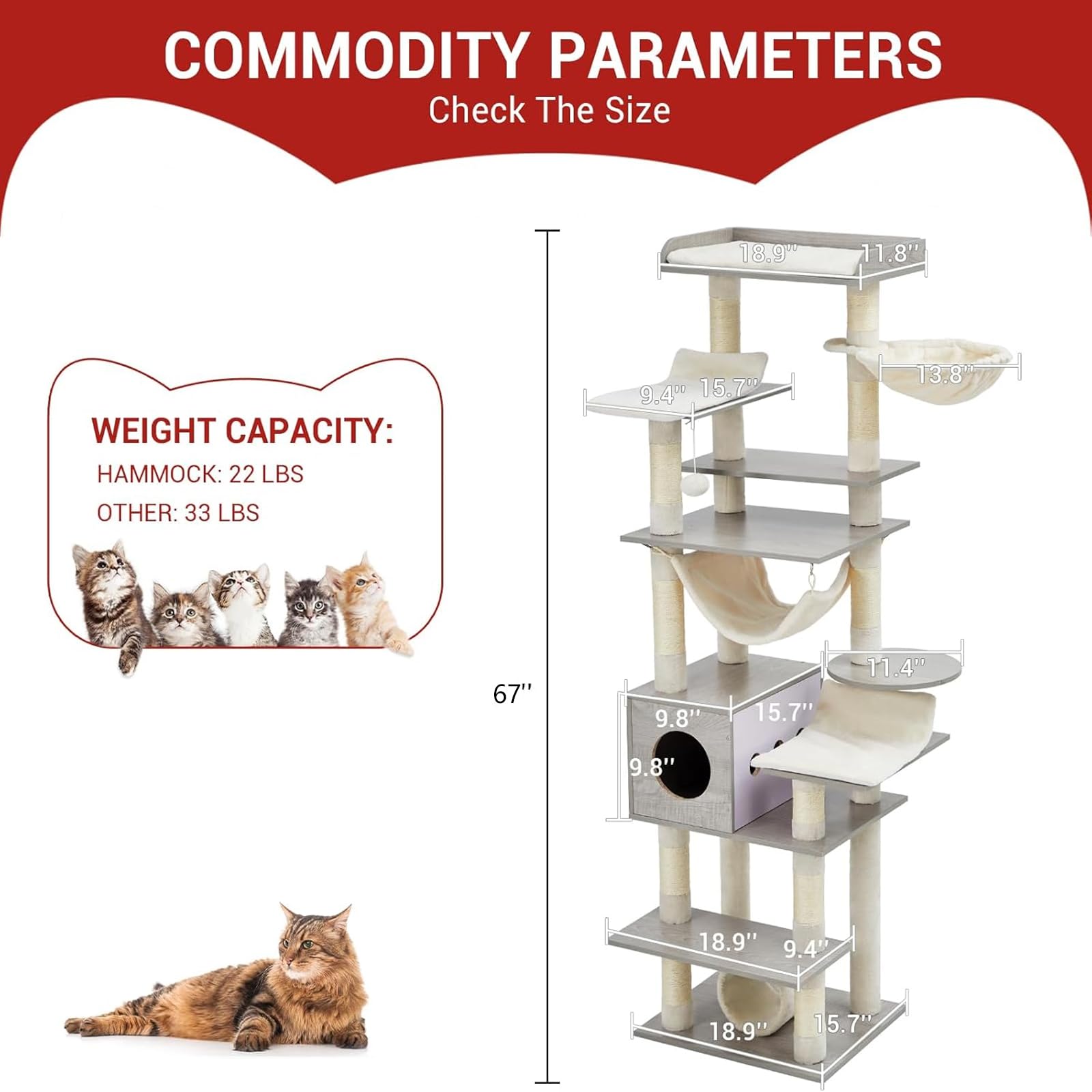 GOCAPTAIN 67" Large Cat Tree for Big Cats,Multi-Level Tower with Scratching Posts, Condo, Perches, Hammock, Tunnel & Feeding Station,Retro Light Gray