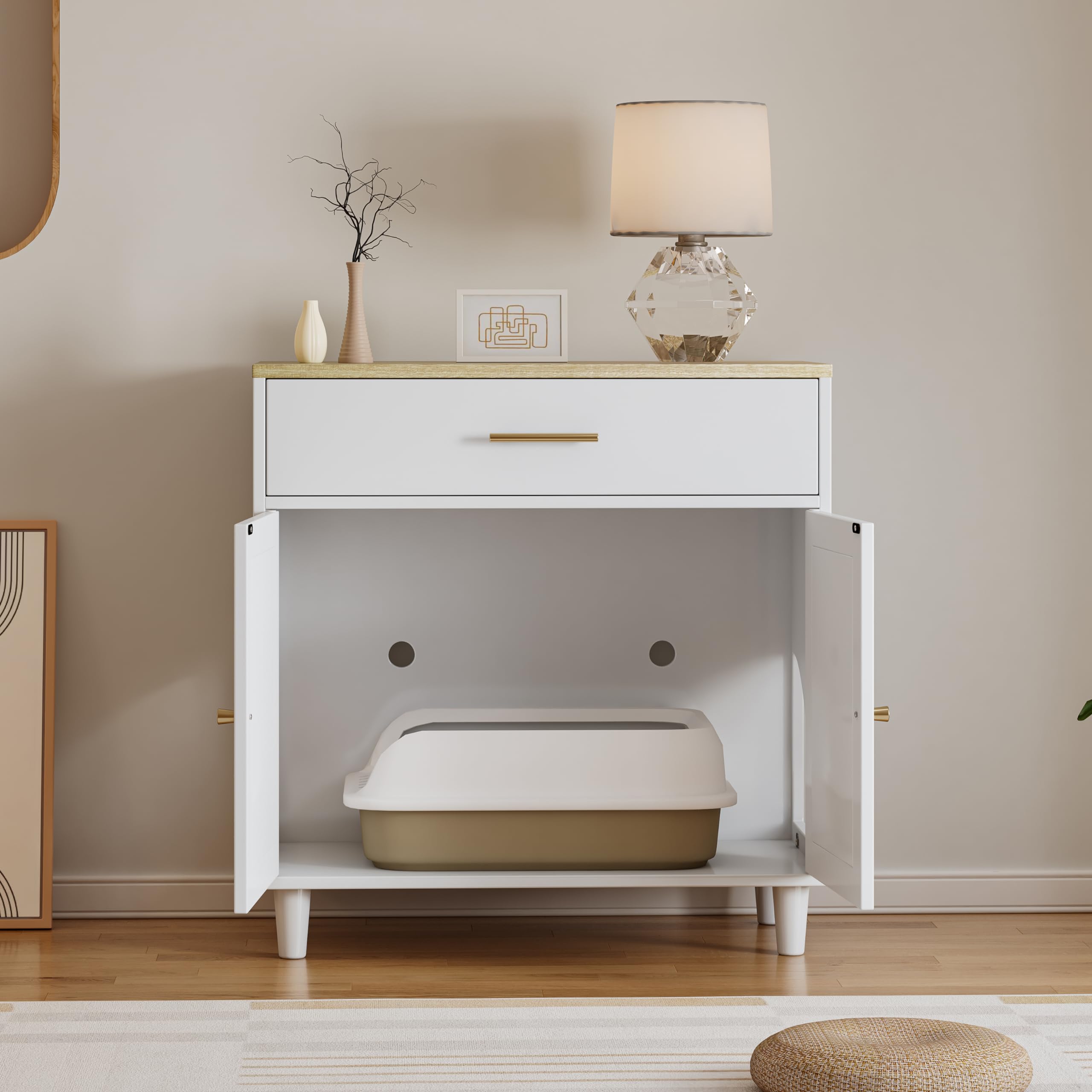 Hidden Cat Litter Box Furniture, 32'' Wood Litter Box Enclosure With Drawer and 2 Sisal Doors, Cat Kitty Litter Box Cabinet Side Cabinet With Storage White