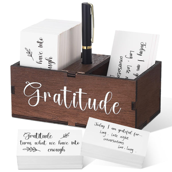 Clabby Gratitude Jar Gifts Include 200 Cards 1 Pen 1 Blessing Jar Wood Box Practice Thankful Appreciation Gratitude Note Cards Kit for Families Friends Employee Going Away Coworkers(Dark Brown)