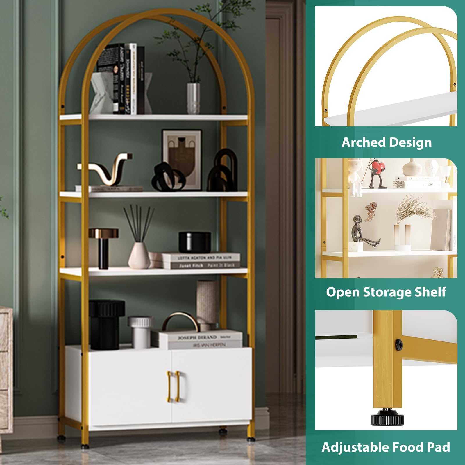 GarveeHome Gold Bookshelf, Arched Book Shelf with Studry Metal Frame and Quality Board, Modern Bookcase with 4-Tier Open Shelves for Living Room, Bookshelf with Doors Storage,71.5" Tall Book Shelf