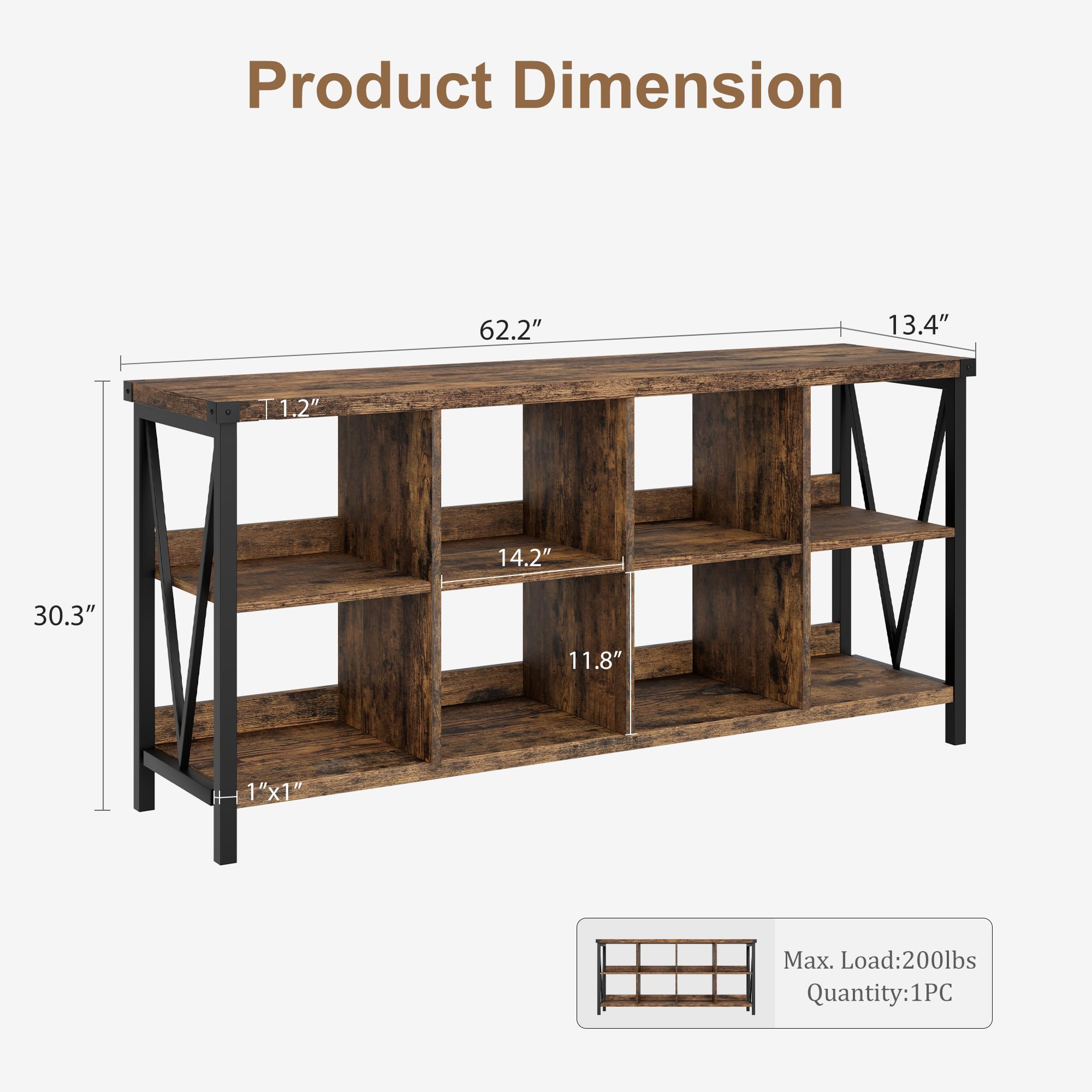 GarveeHome 8 Cube Storage Organizer Bookshelf, 3 Tier Metal Horizontal Bookcase, 62 Inch Console Bookshelf, Industrial Storage Bookcase for Entryway, Long Low Bookshelf for Living Room-Retro Brown
