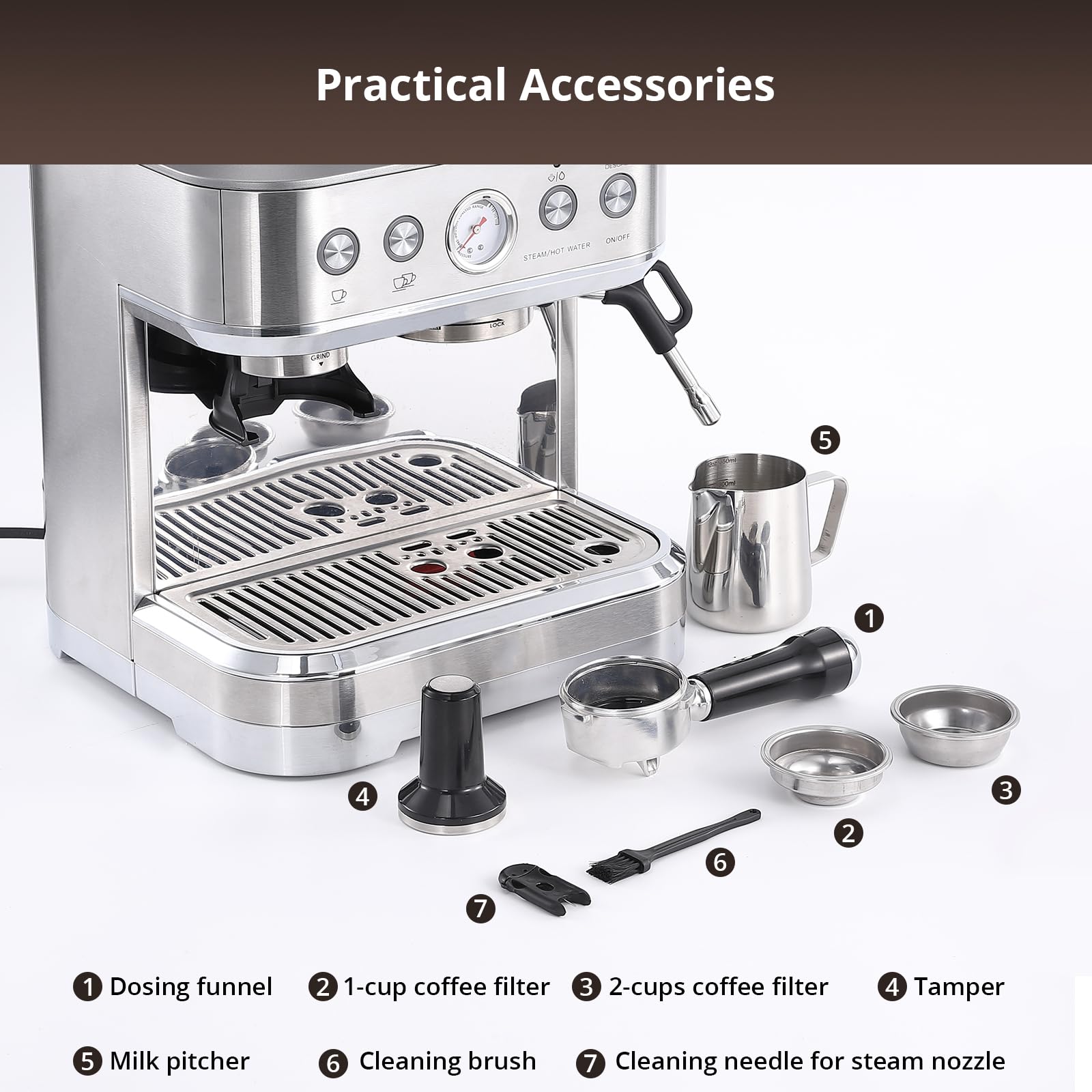 Acekool Espresso Coffee Machine, Espresso Maker with Milk Steamer, 77 oz Water Tank, Stainless Steel Coffee Machine with Milk Frother for Latte, Cappuccino, Macchiato, Small Espresso Grinder, 15 Bar
