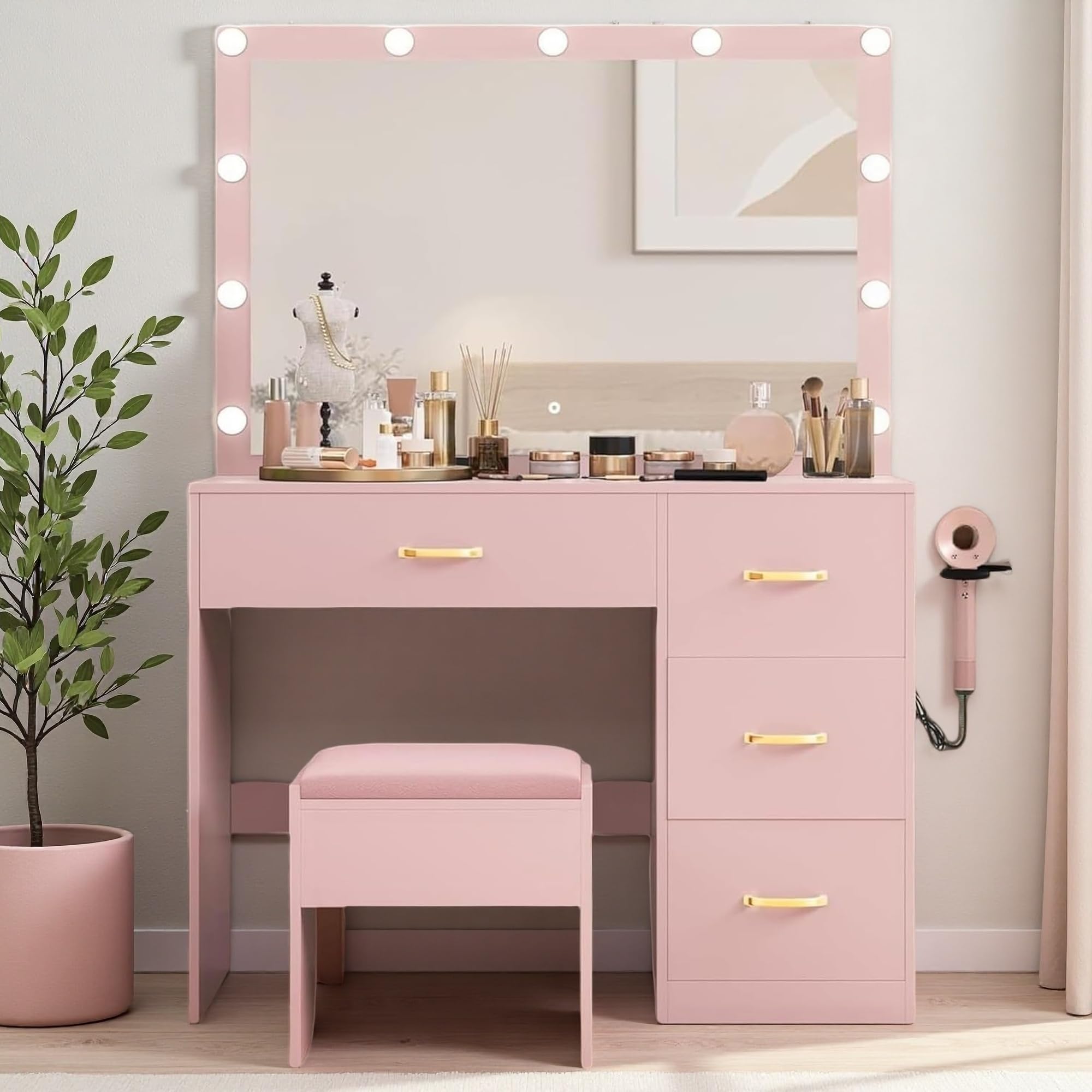 DWVO Vanity Desk with Mirror and LED Lights, Large Makeup Vanity Table Set with Power Outlet & 4 Drawers & Cushioned Stool, Dressing Table with 3 Adjustable Lighting for Dressing Room, Pink