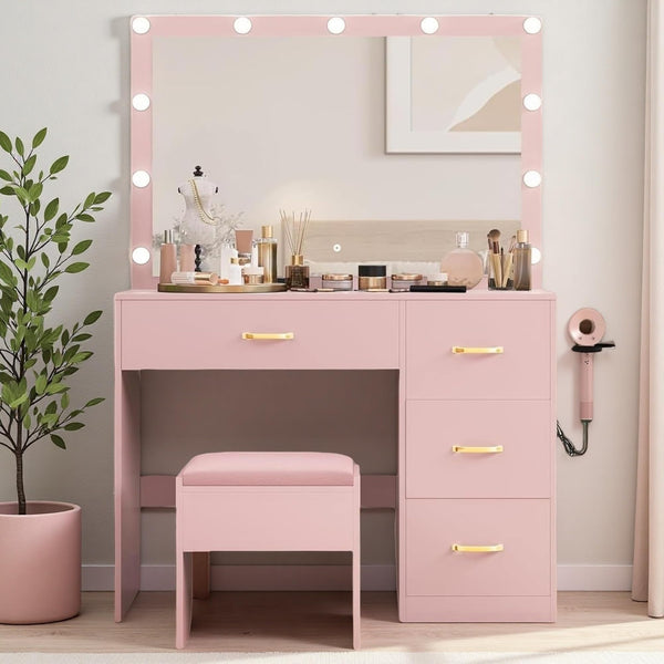DWVO Vanity Desk with Mirror and LED Lights, Large Makeup Vanity Table Set with Power Outlet & 4 Drawers & Cushioned Stool, Dressing Table with 3 Adjustable Lighting for Dressing Room, Pink